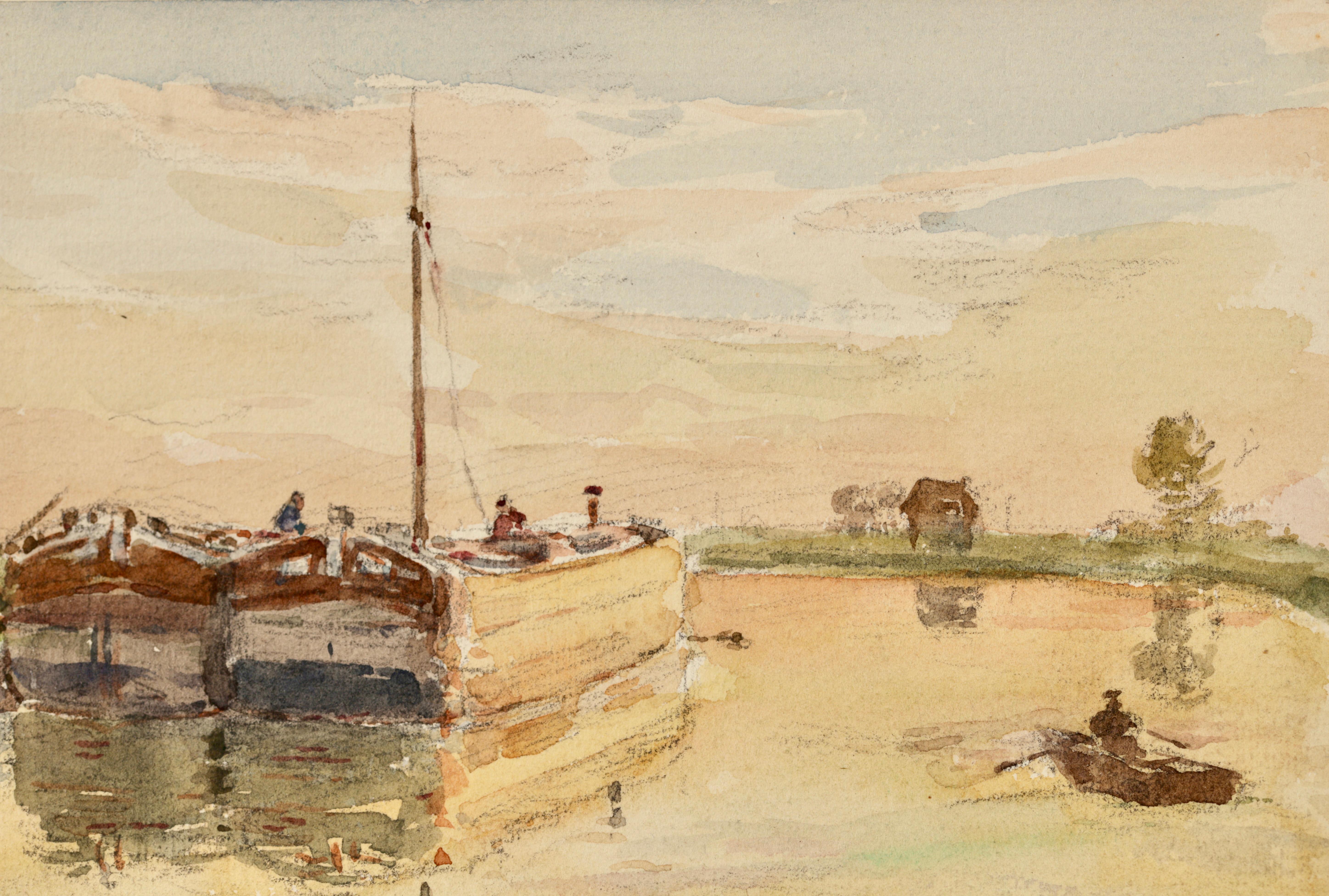On the Barges - Impressionist Watercolor, Canal Landscape by Henri Duhem For Sale 2