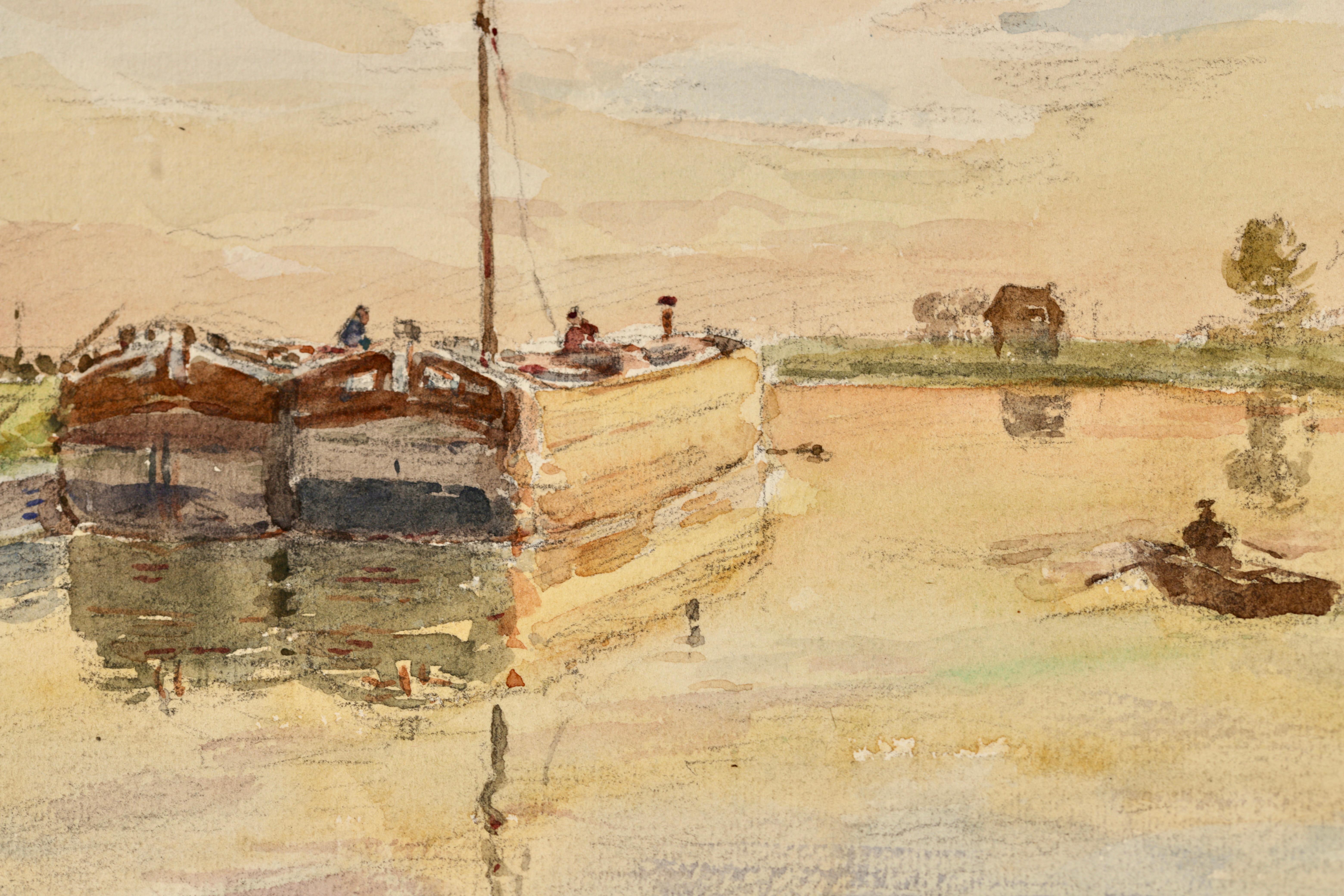 On the Barges - Impressionist Watercolor, Canal Landscape by Henri Duhem For Sale 4