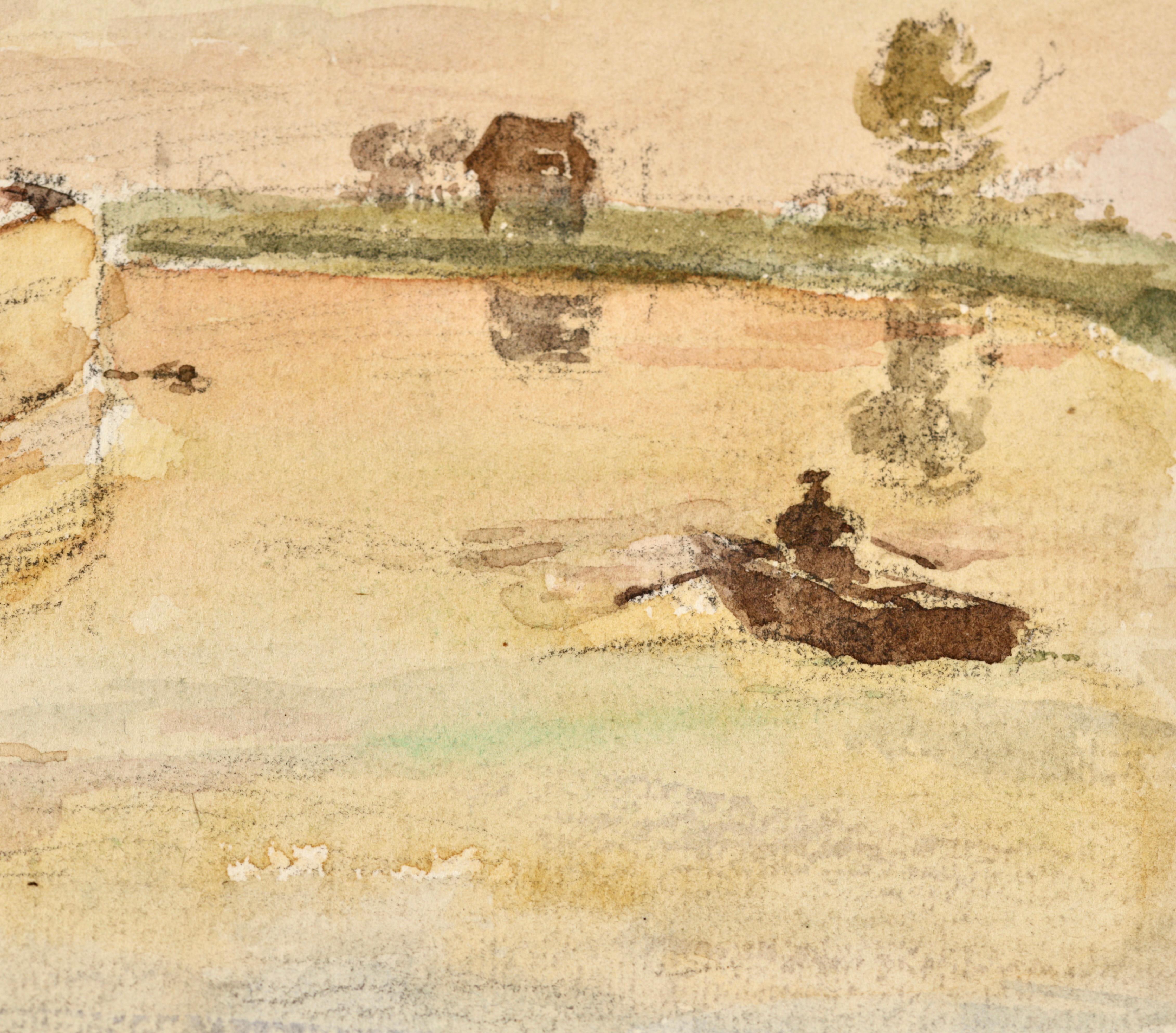 On the Barges - Impressionistisches Aquarell, Canal-Landschaft von Henri Duhem im Angebot 7