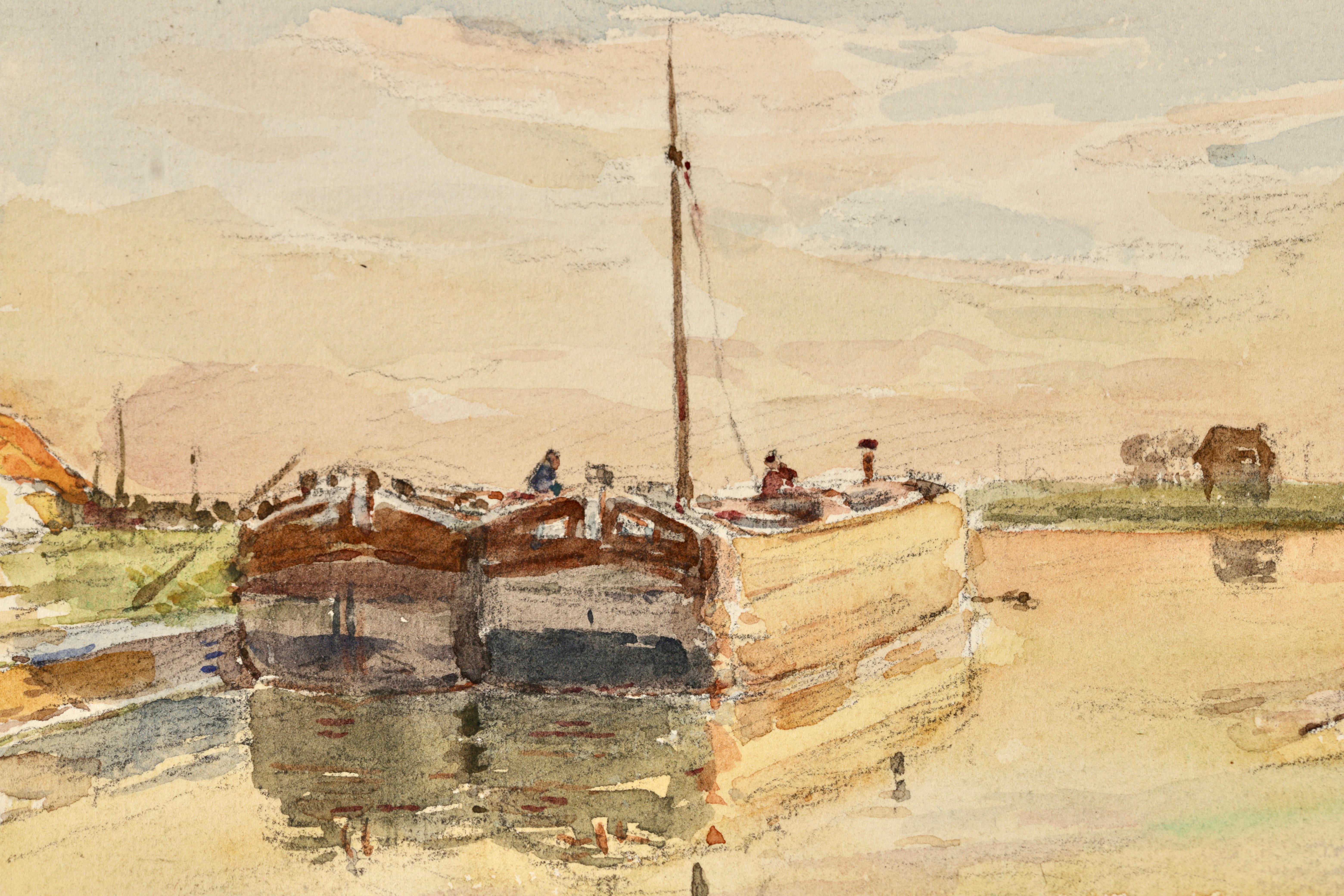 On the Barges - Impressionistisches Aquarell, Canal-Landschaft von Henri Duhem im Angebot 8
