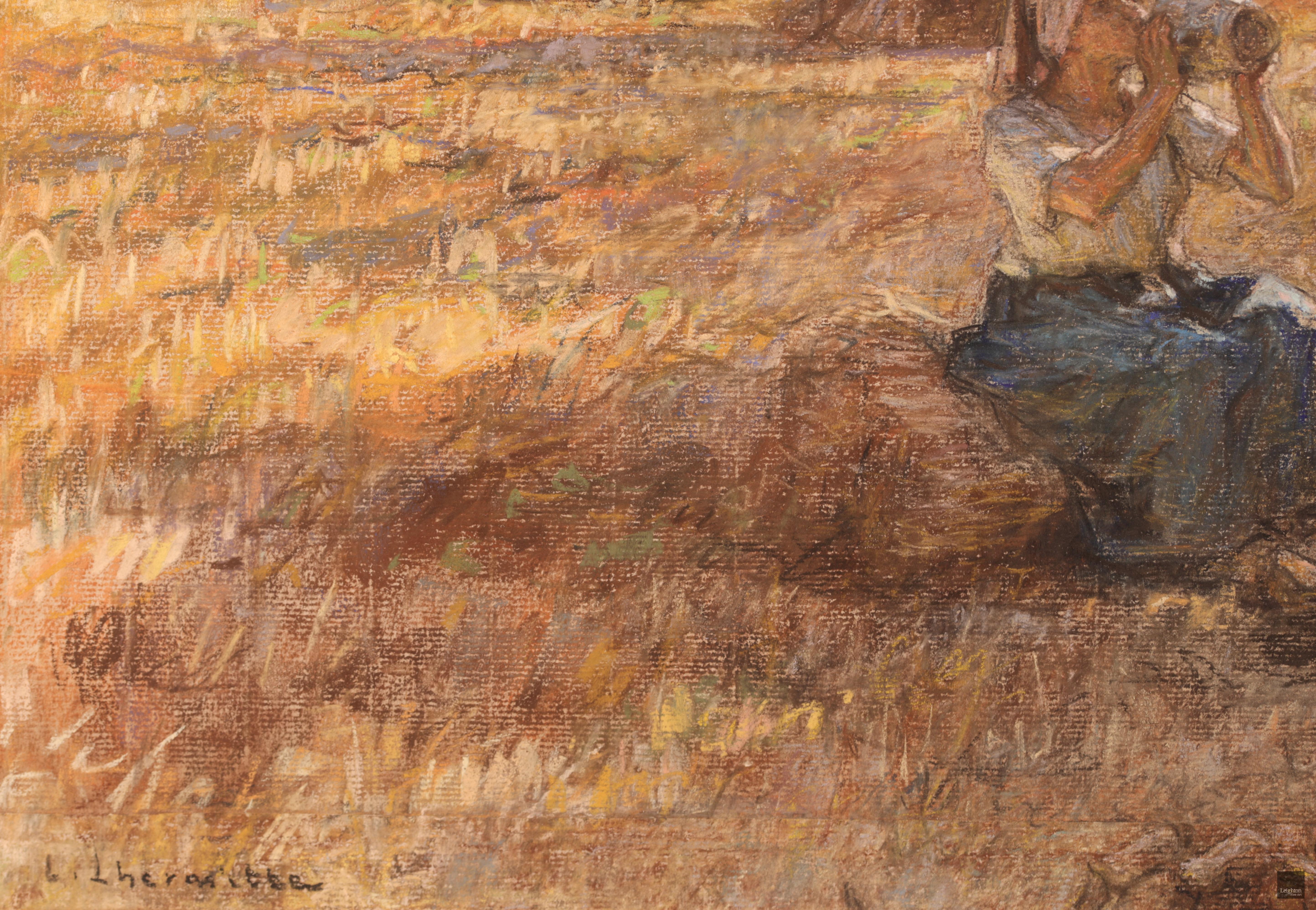 Signed Barbizon figures in landscape pastel on paper laid on canvas circa 1902 by French painter Leon Augustin Lhermitte. The piece depicts works in a field enjoying a snack as they take a rest from harvesting in the shade of a haystack. The fading