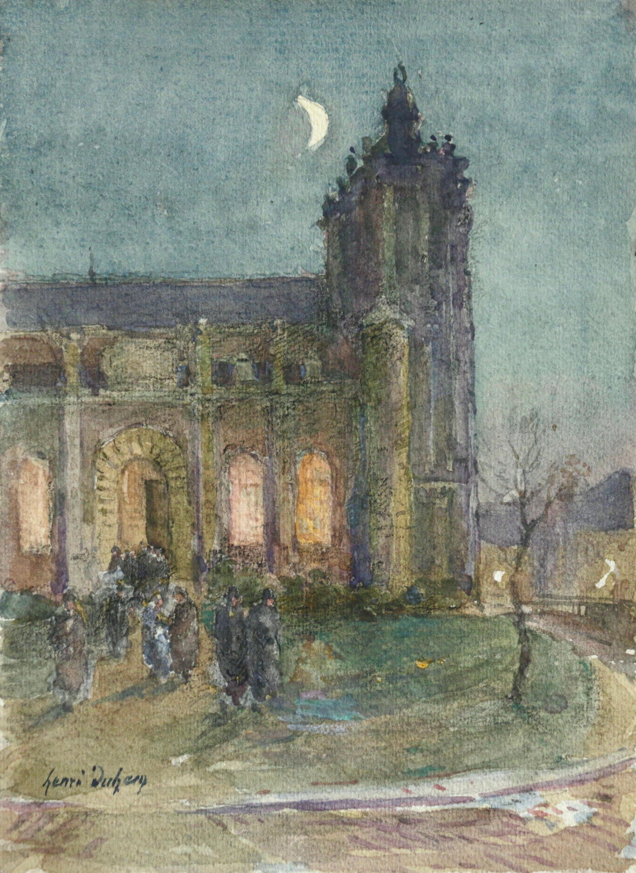 Signiertes impressionistisches Aquarell auf Papier um 1910 von dem französischen Maler Henri Duhem. Das Stück zeigt Kirchenbesucher, die die Messe verlassen und in die kalte Nacht hinausgehen. Die Mondsichel leuchtet hell über der Kirche in den