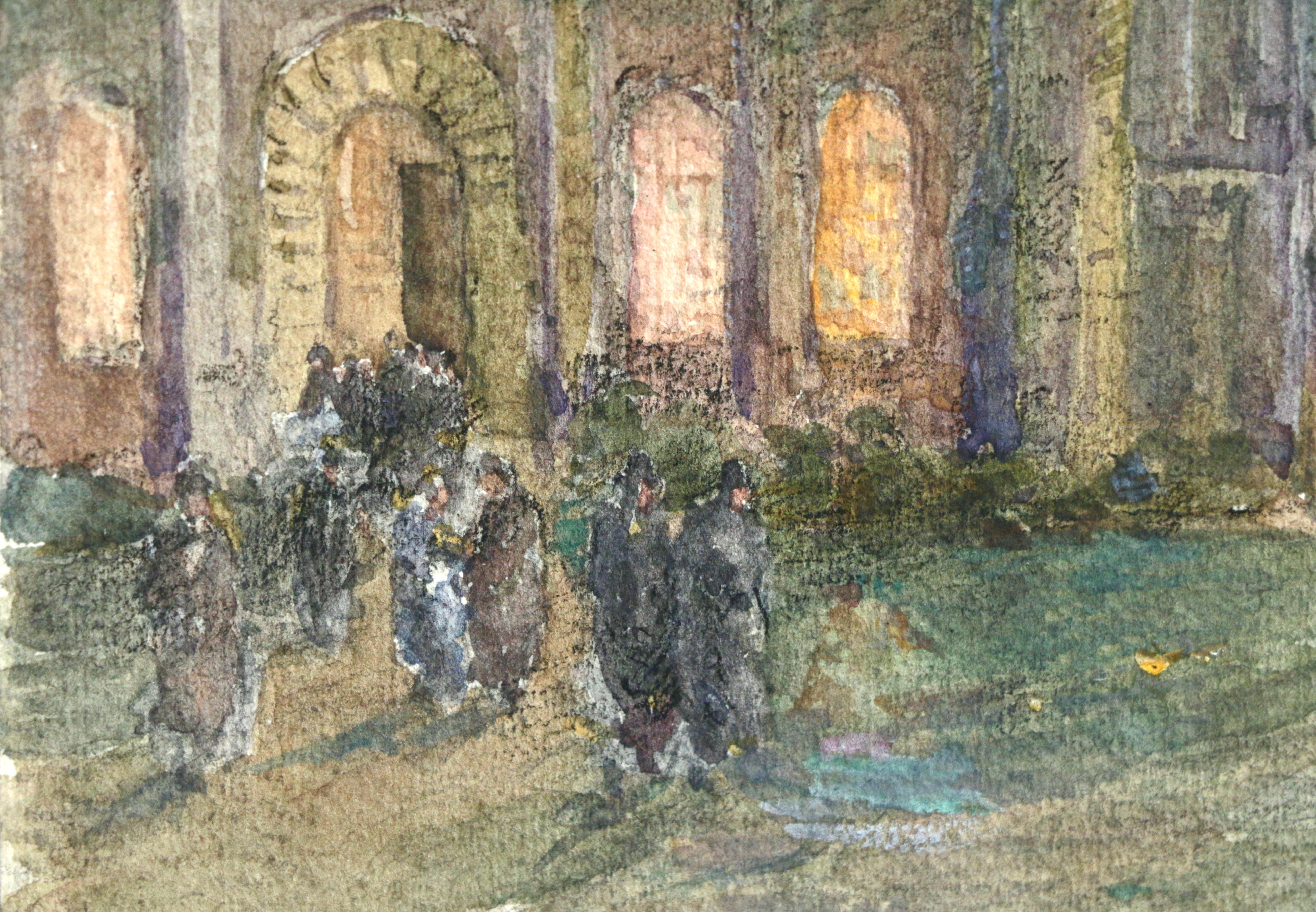 L'église de nuit - Impressionistisches Aquarell, Figuren in Landschaft von Henri Duhem im Angebot 2