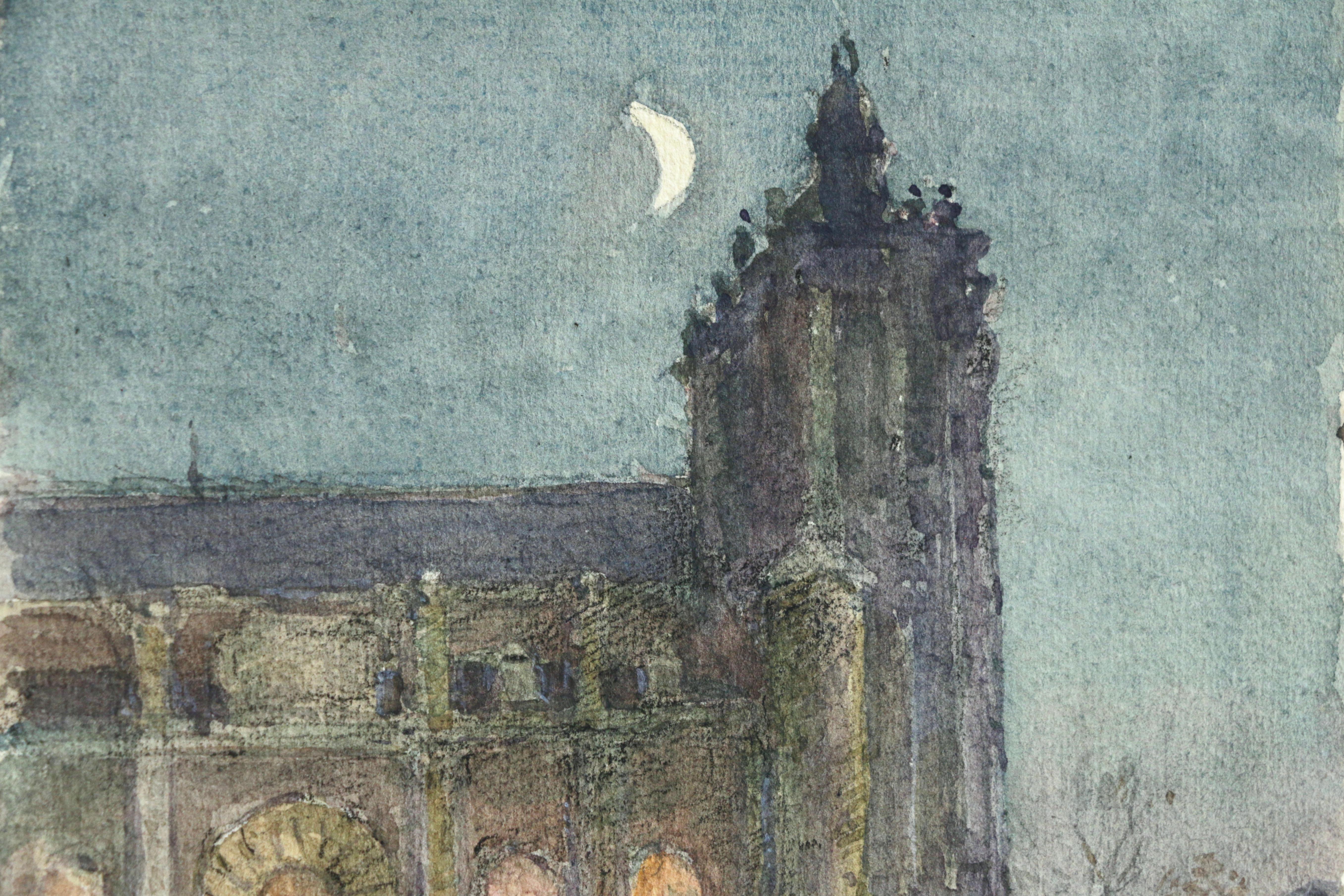 L'église de nuit - Impressionist Watercolor, Figures in Landscape by Henri Duhem For Sale 3