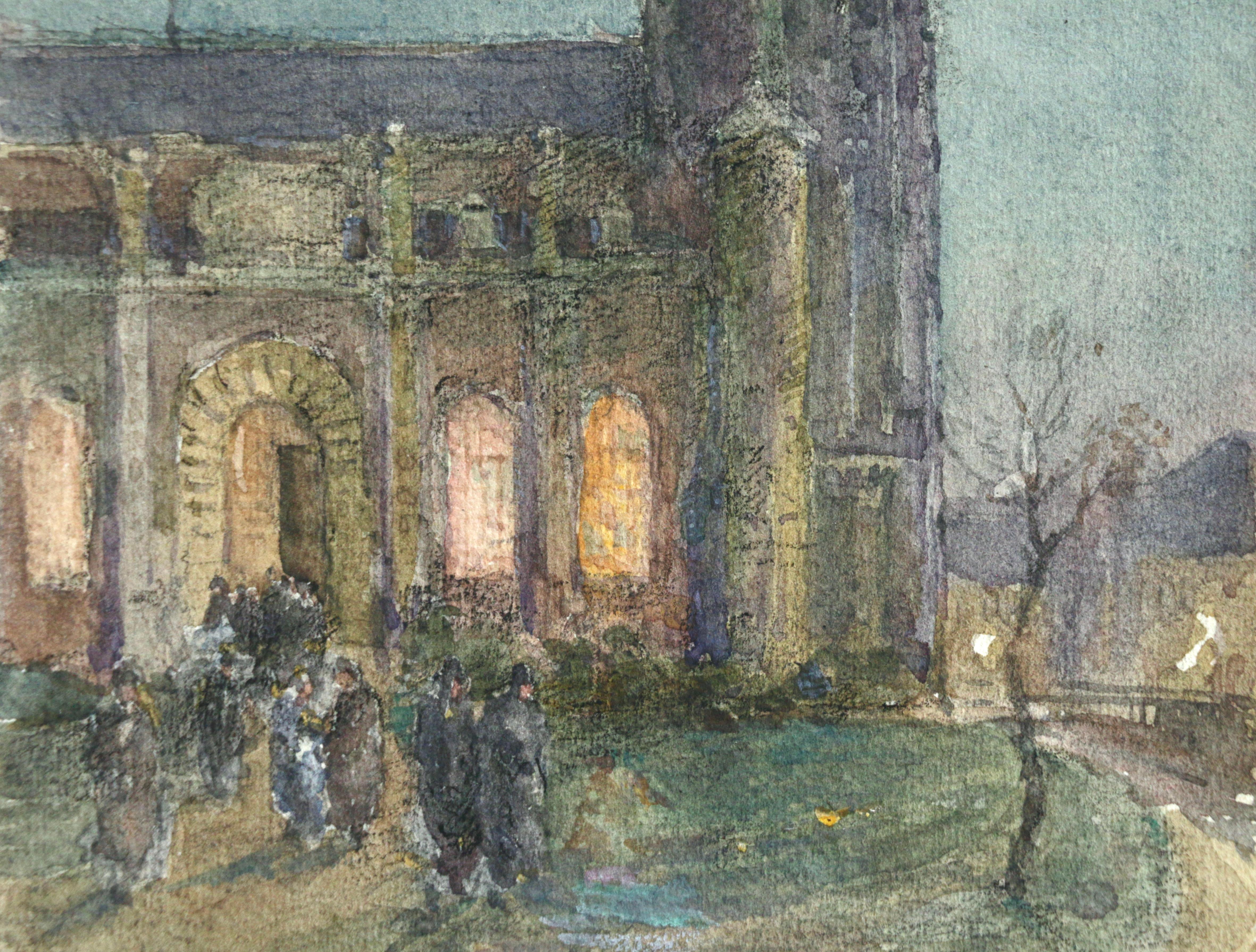L'église de nuit - Impressionist Watercolor, Figures in Landscape by Henri Duhem For Sale 4