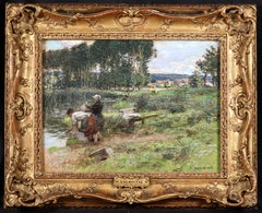 Deux Laveuses - Barbizon Pastel, Figures in Landscape de Leon Augustin Lhermitte