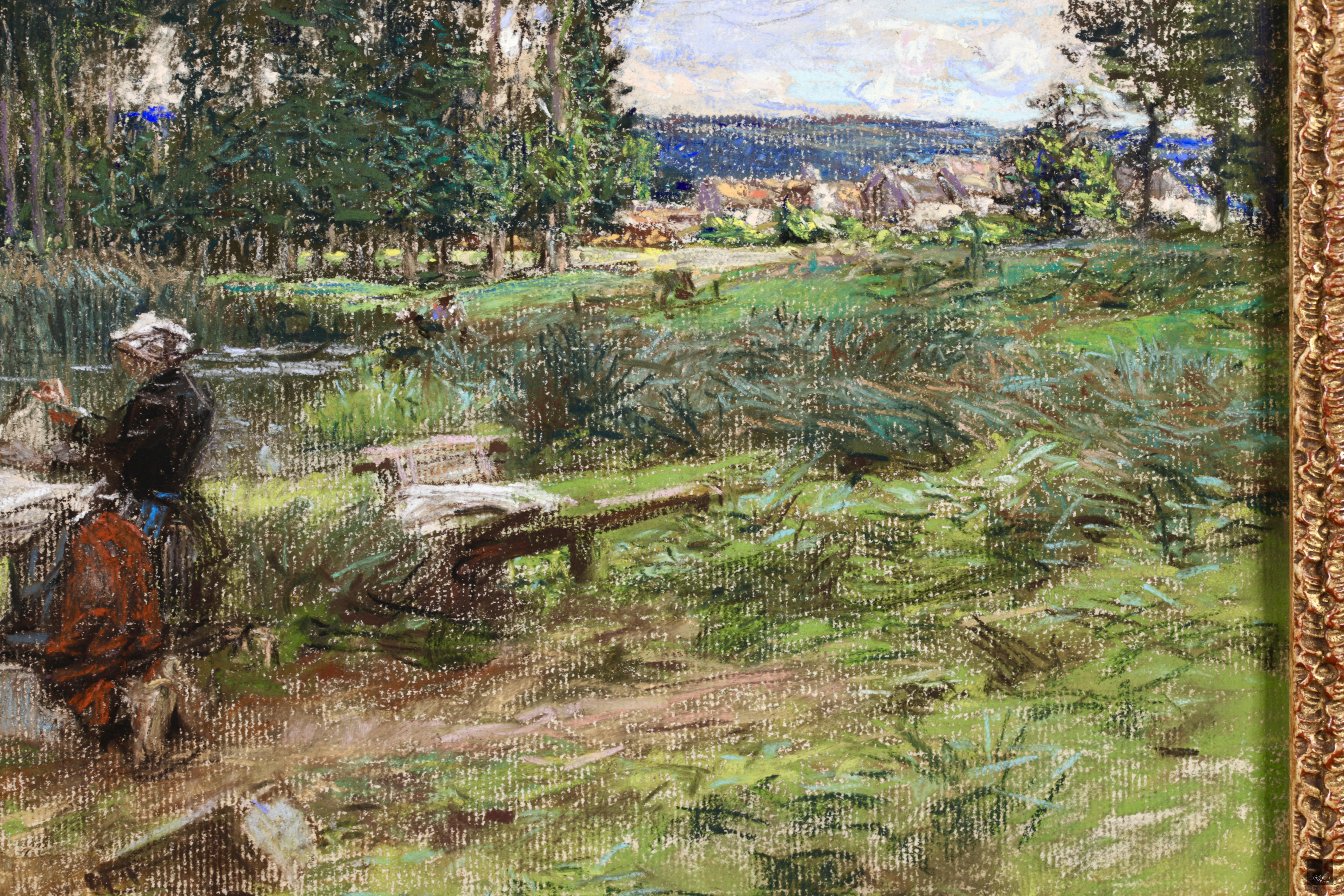Deux Laveuses - Barbizon Pastel, Figures in Landscape de Leon Augustin Lhermitte 3