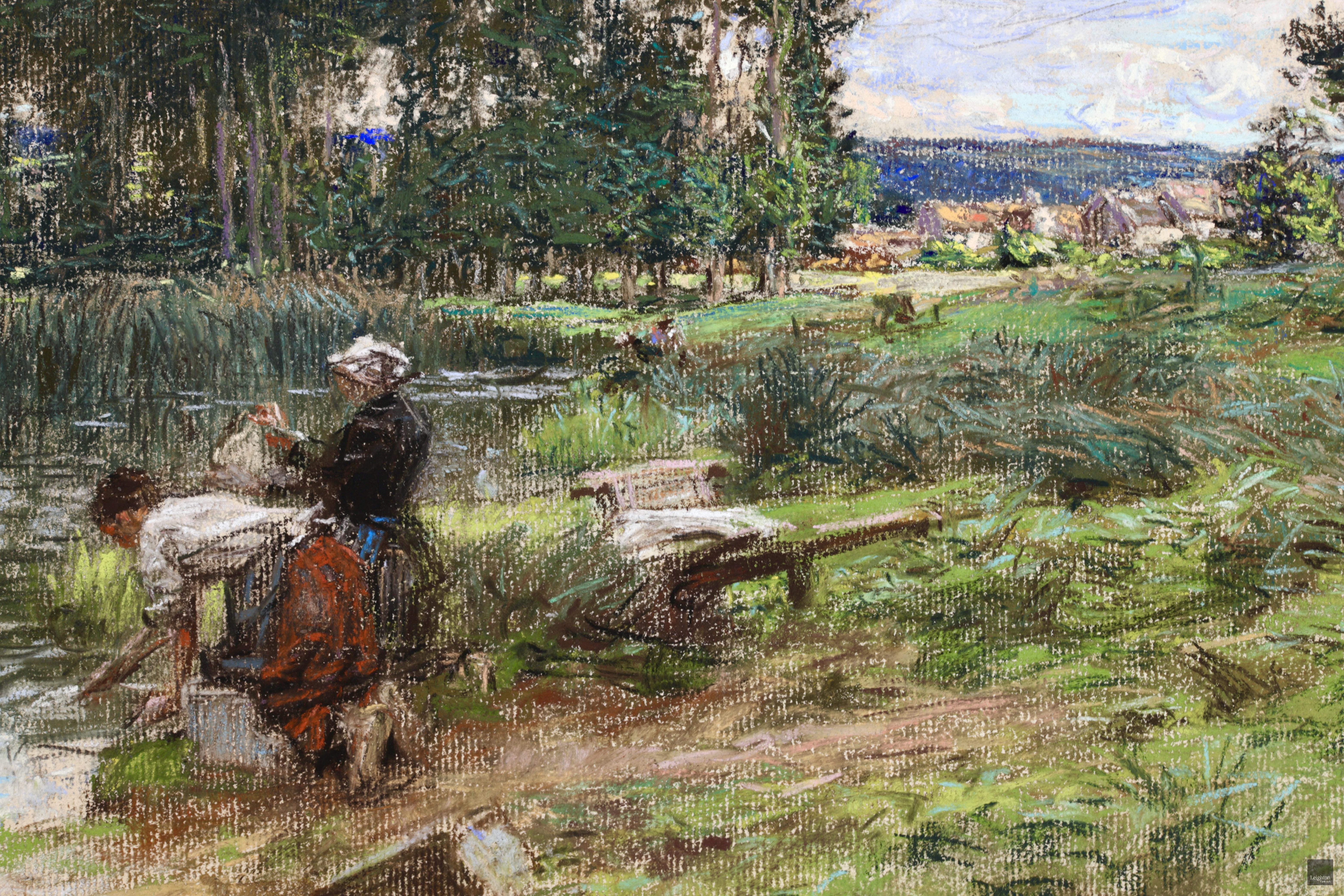 Deux Laveuses - Barbizon Pastel, Figures in Landscape de Leon Augustin Lhermitte 2