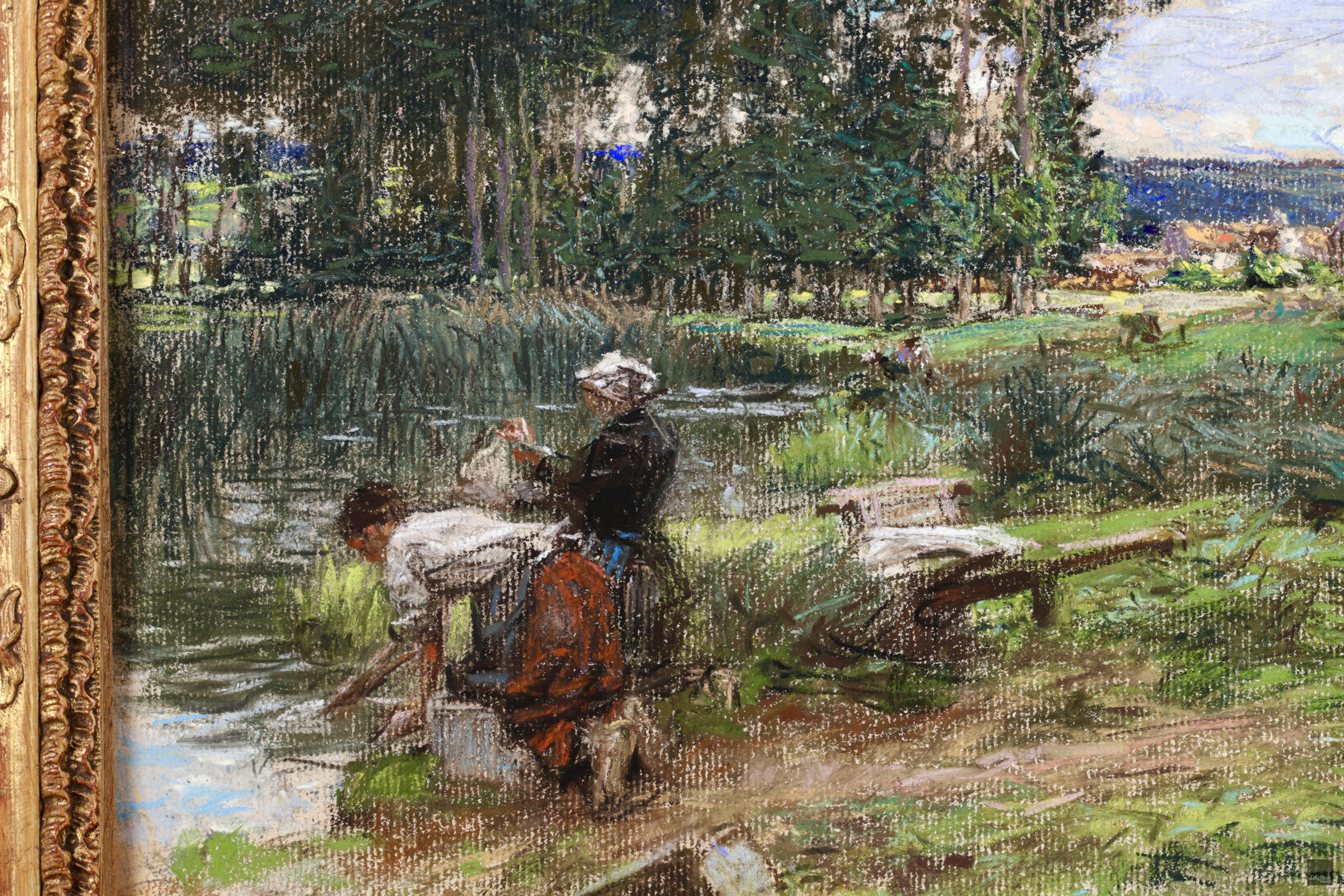 Deux Laveuses - Barbizon Pastel, Figures in Landscape de Leon Augustin Lhermitte 1
