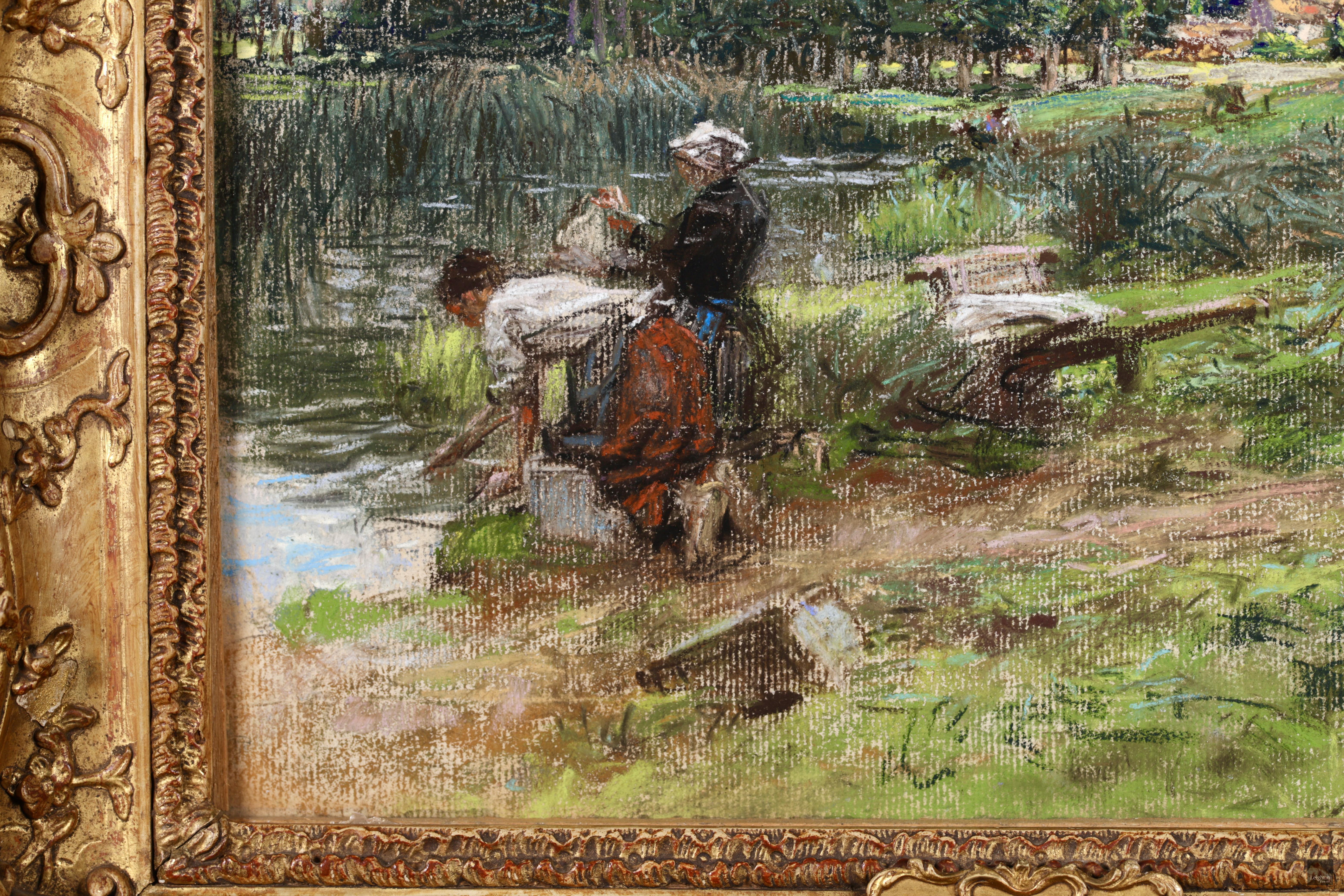 Deux Laveuses - Barbizon Pastel, Figures in Landscape de Leon Augustin Lhermitte 5