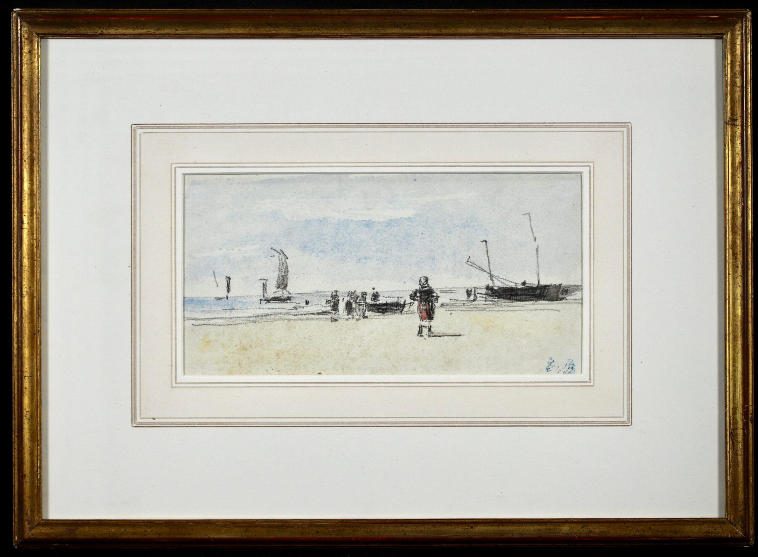 Figuren am Strand – Impressionistische Landschaftsaquarelle von Eugene Boudin – Art von Eugène Louis Boudin