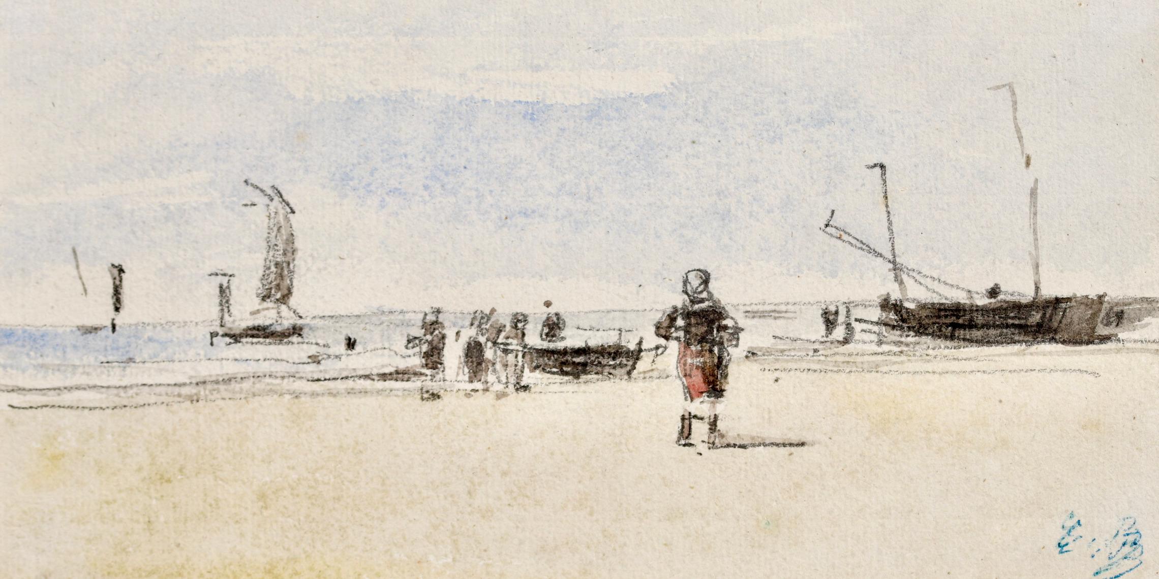 Figures on a beach - Impressionist Landscape Watercolor by Eugene Boudin
