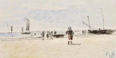 Figures on a beach - Impressionist Landscape Watercolor by Eugene Boudin