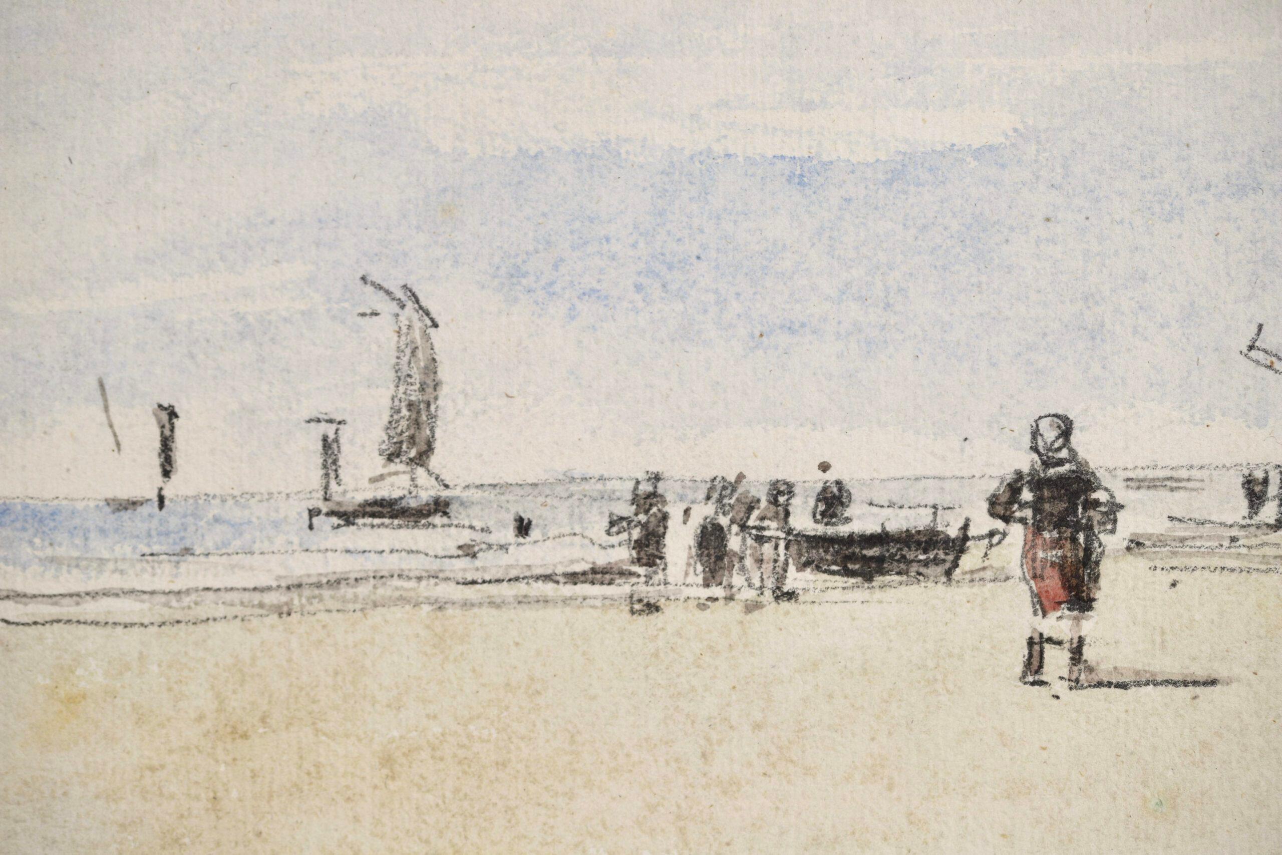 Signed watercolour on paper landscape circa 1870 by French impressionist painter Eugene Boudin.  The work depicts figures on a golden-sanded beach at low tide with sailing boats in the blue seawater.

Signature:
Signed twice with cachet lower