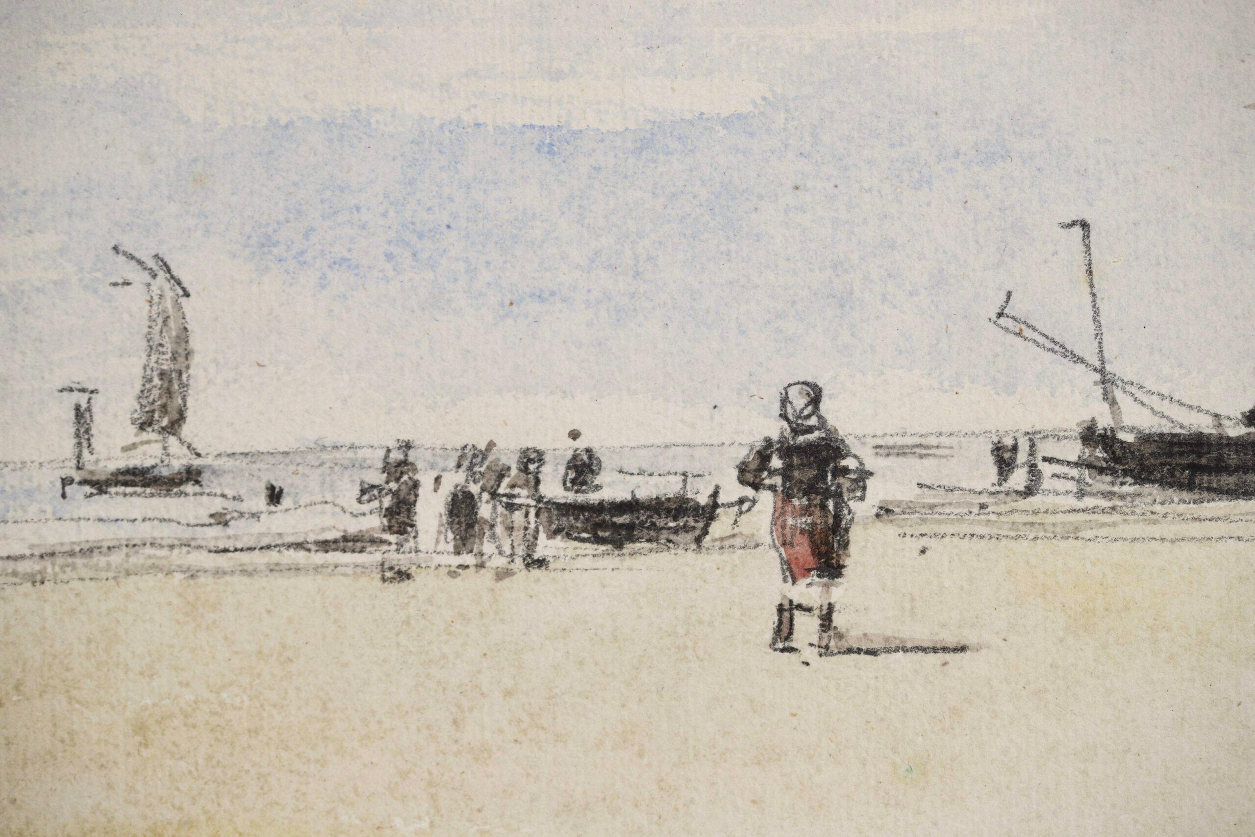 Signiertes Aquarell auf Papier Landschaft um 1870 von Französisch impressionistischen Maler Eugene Boudin.  Das Werk zeigt Figuren an einem goldenen Sandstrand bei Ebbe mit Segelbooten im blauen Meerwasser.

Unterschrift:
Zweimal signiert mit Cachet