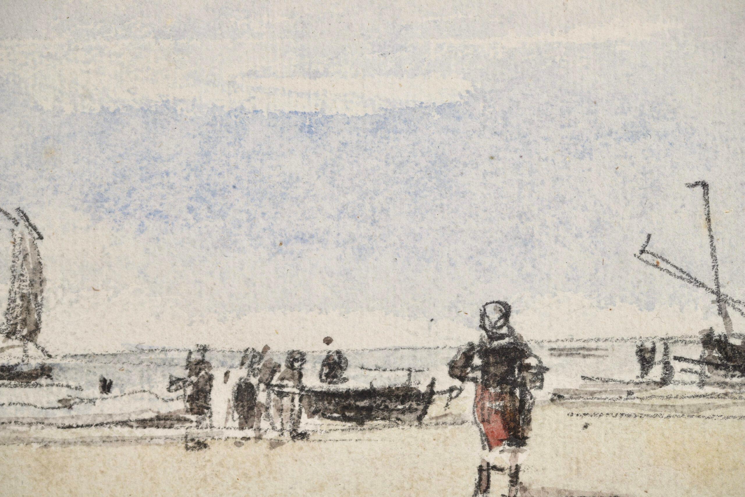 Aquarelle sur papier signée vers 1870 par le peintre impressionniste français Eugène Boudin.  L'œuvre représente des personnages sur une plage de sable doré à marée basse, avec des voiliers dans l'eau bleue de la mer.

Signature :
Signé deux fois