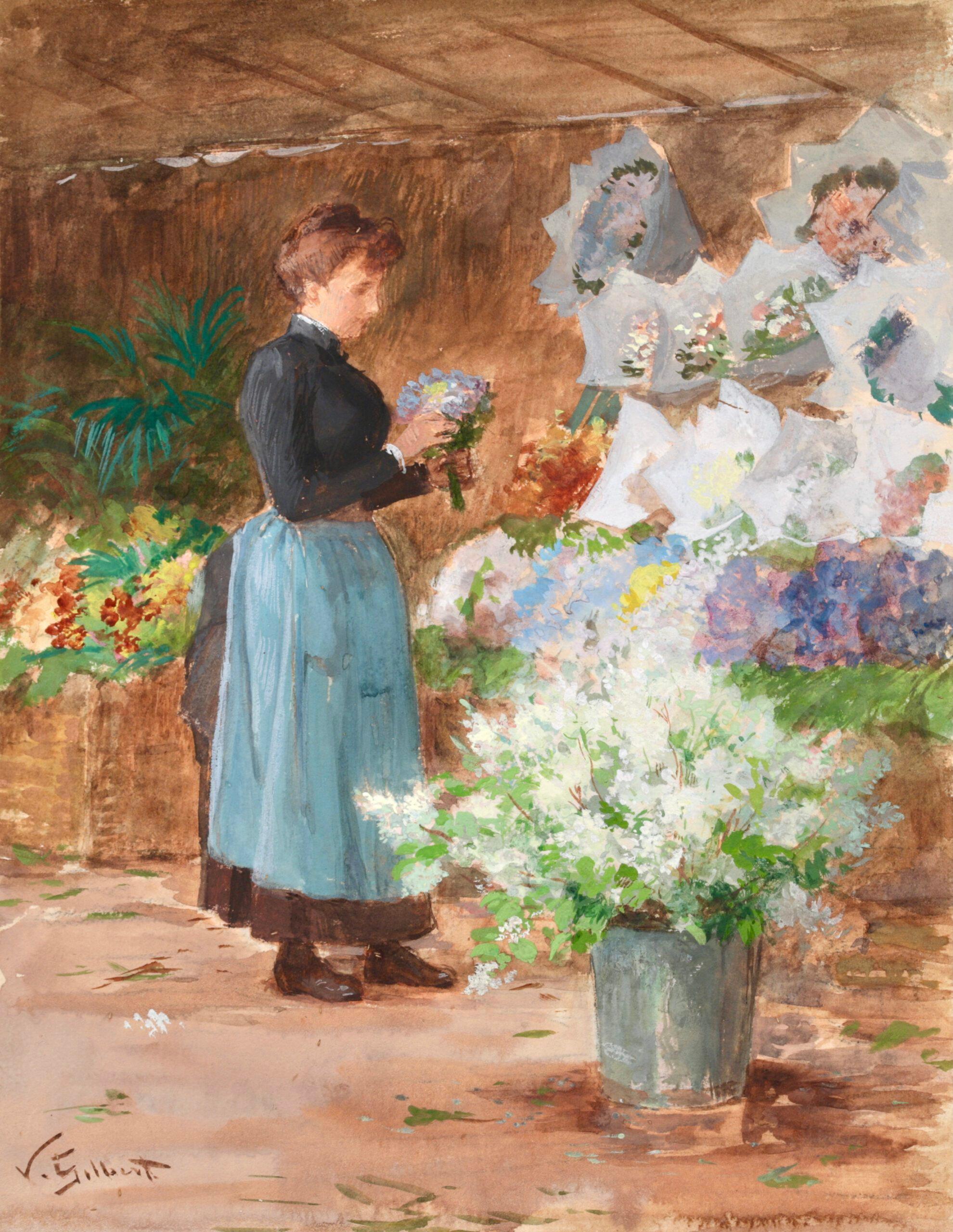 Victor Gabriel Gilbert Figurative Art - The Flower Seller - French Realist Figurative Watercolor by Victor Gilbert
