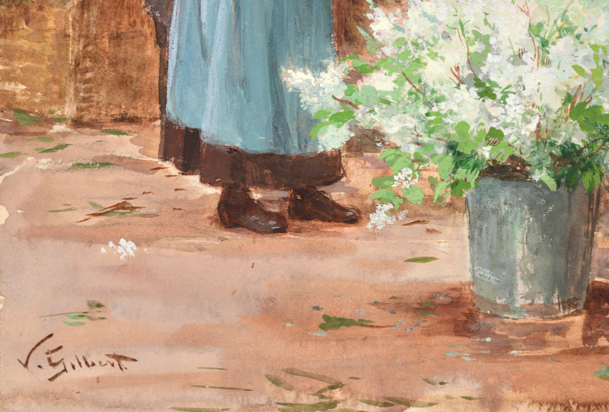 The Flower Seller – Französisches realistisches figuratives Aquarell von Victor Gilbert im Angebot 2