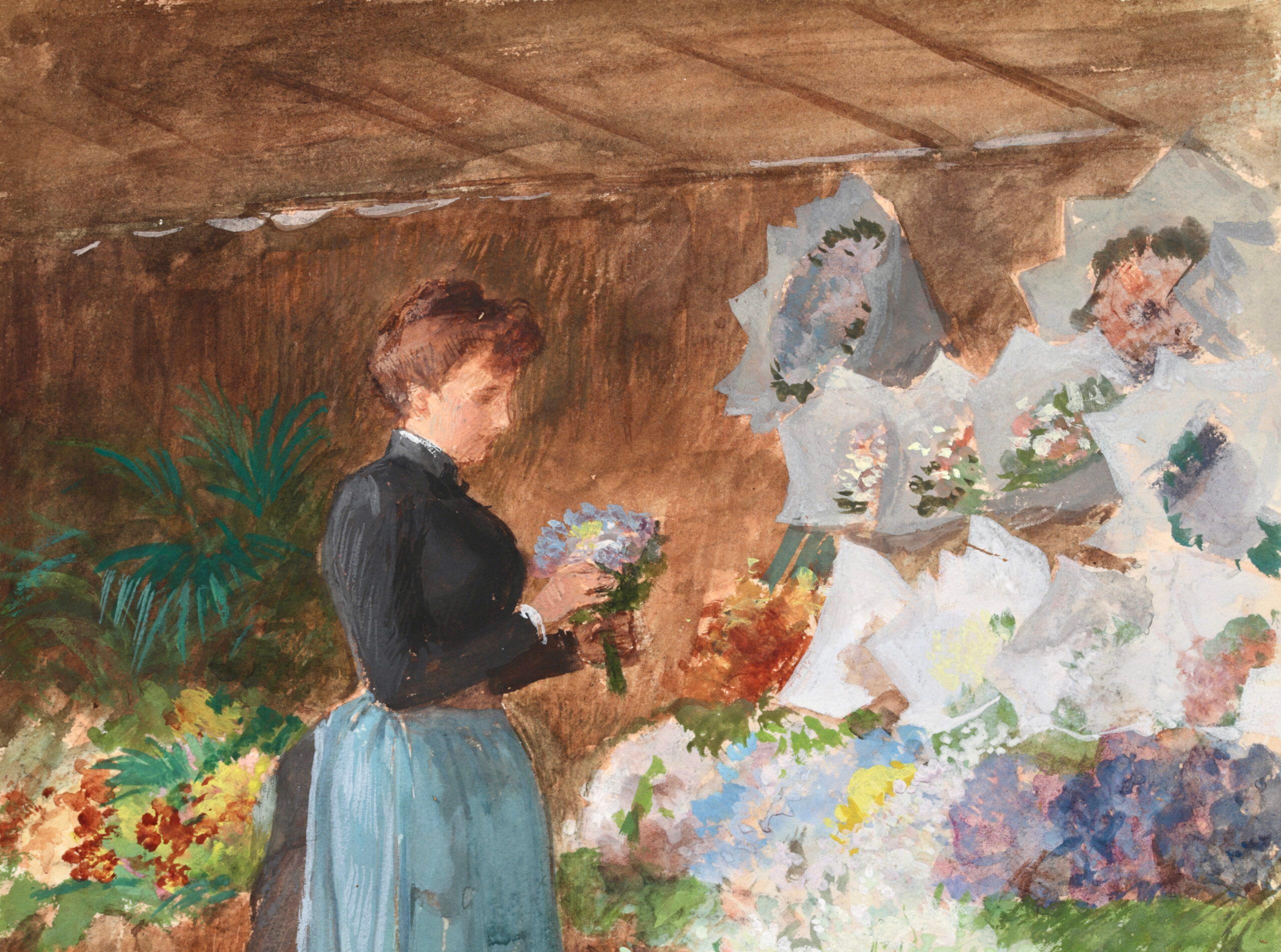 Le vendeur de fleurs - aquarelle figurative réaliste française de Victor Gilbert - Réalisme Art par Victor Gabriel Gilbert
