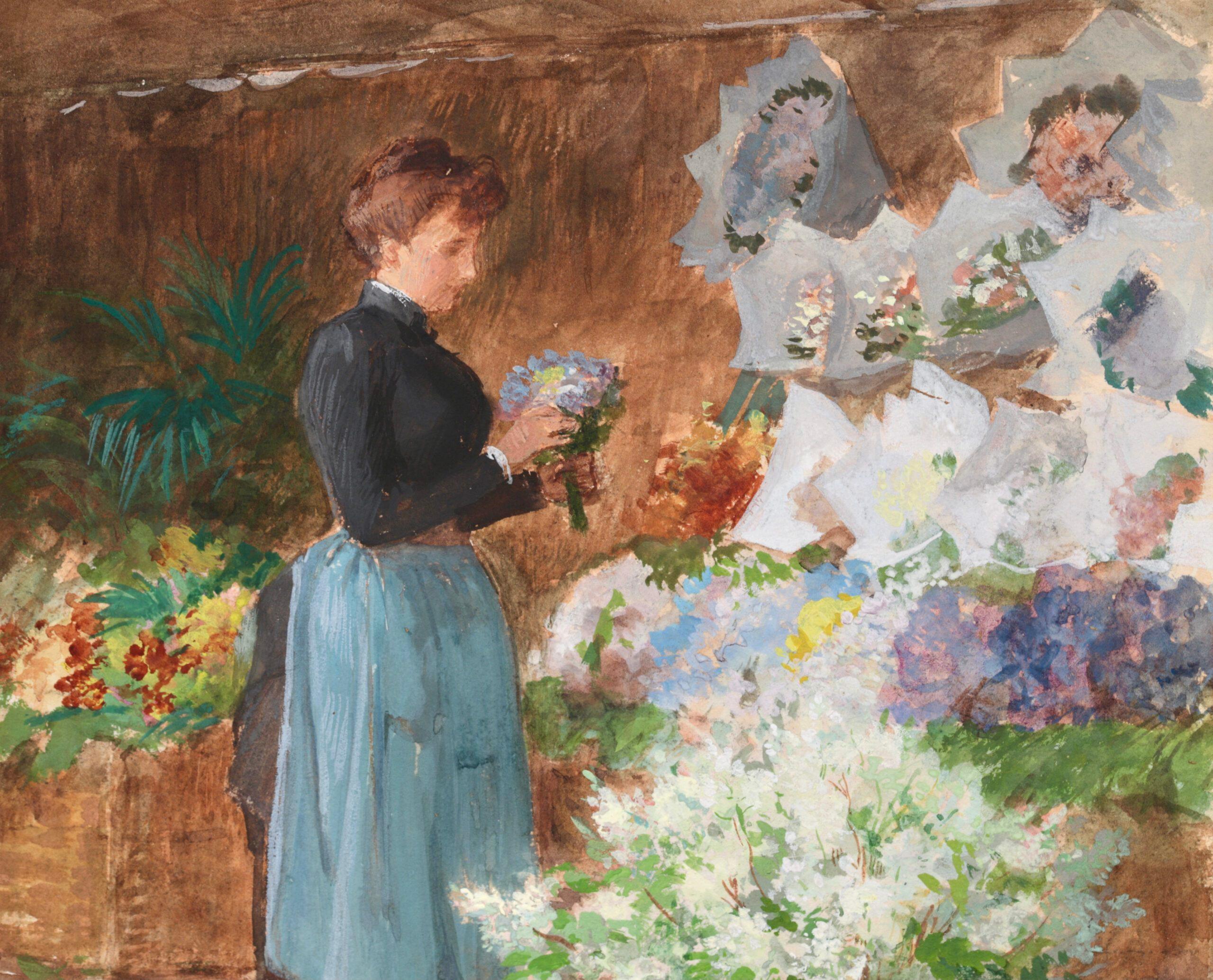 Signed figurative watercolour on board by French realist painter Victor Gabriel Gilbert. The work depicts a flower seller at her market stall selling beautifully coloured bouquets of flowers. 

Signature:
Signed lower left

Dimensions:
Framed: