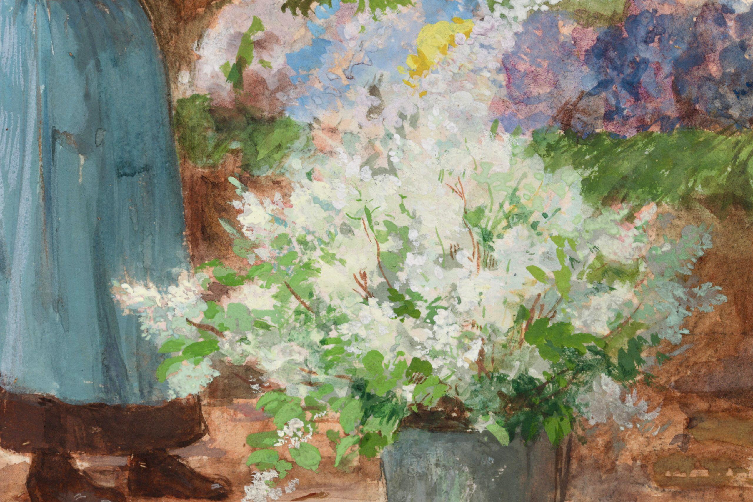 The Flower Seller – Französisches realistisches figuratives Aquarell von Victor Gilbert im Angebot 4