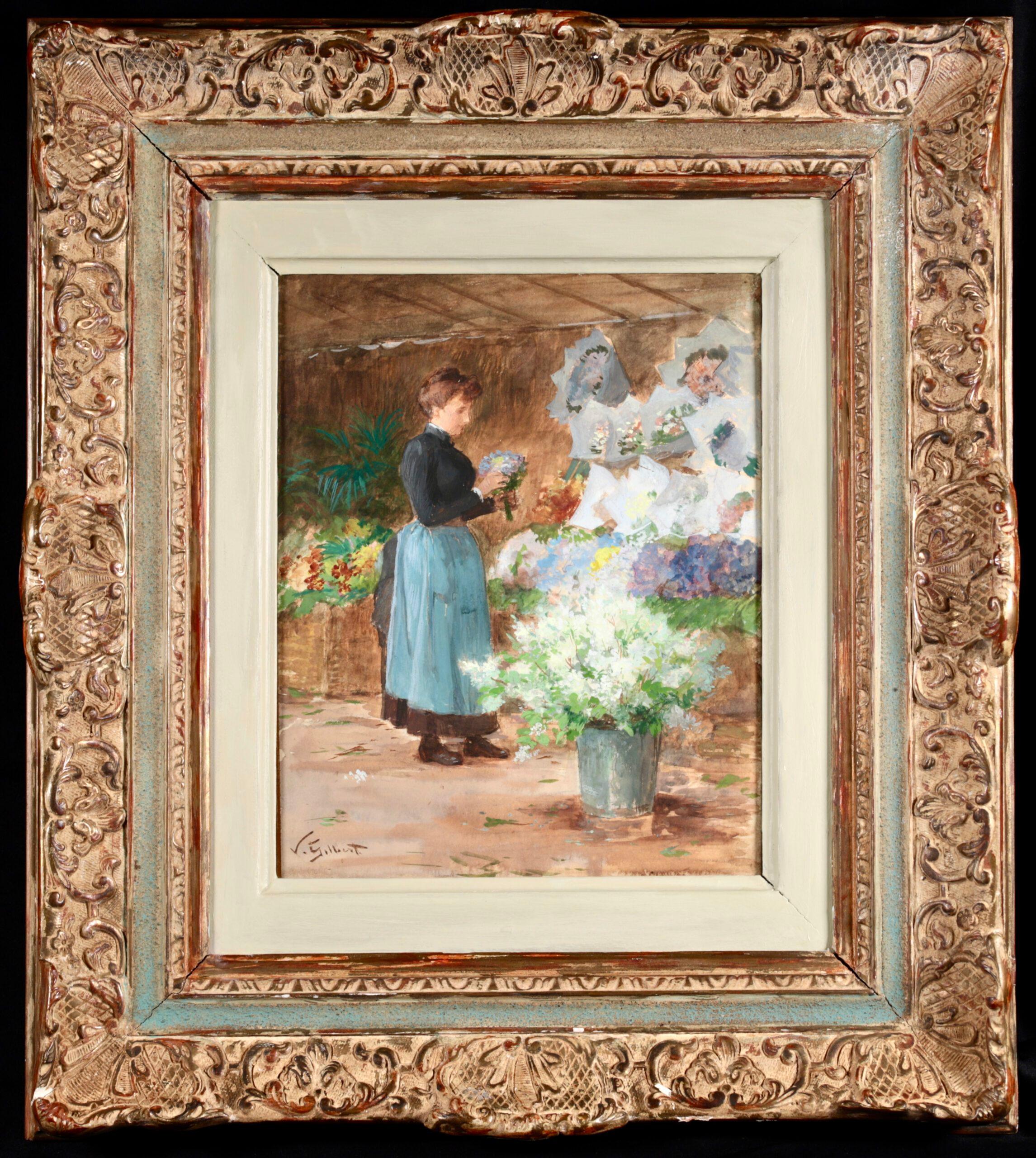 Le vendeur de fleurs - aquarelle figurative réaliste française de Victor Gilbert - Art de Victor Gabriel Gilbert