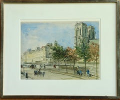 View of the Ile de la Cite - Barbizon Landsape Watercolor by Henri Harpignies