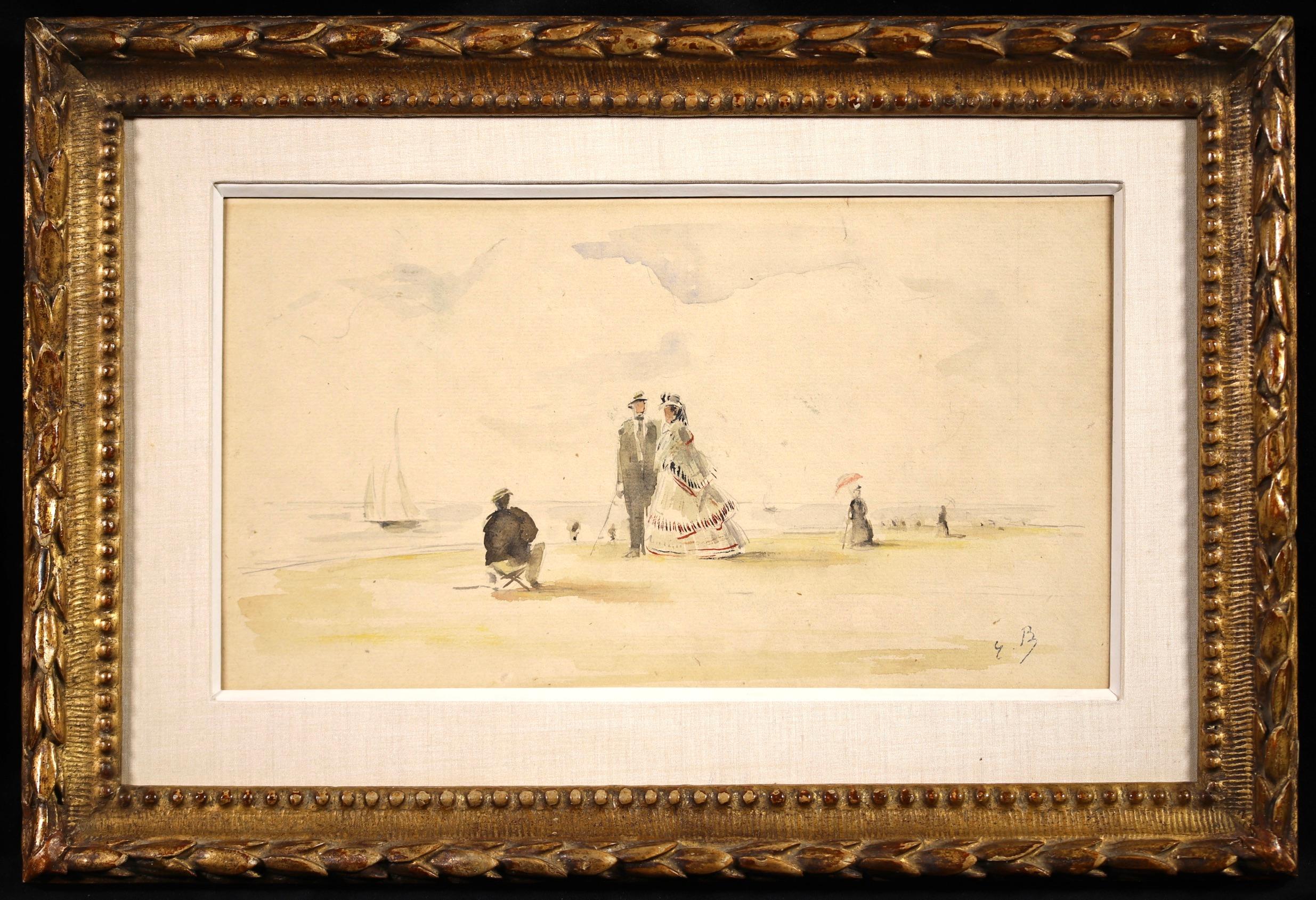 Eugène Louis Boudin Landscape Art - Sur la plage de Deauville - Impressionist Figurative Watercolor by Eugene Boudin