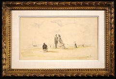 Sur la plage de Deauville - Aquarelle figurative impressionniste d'Eugène Boudin