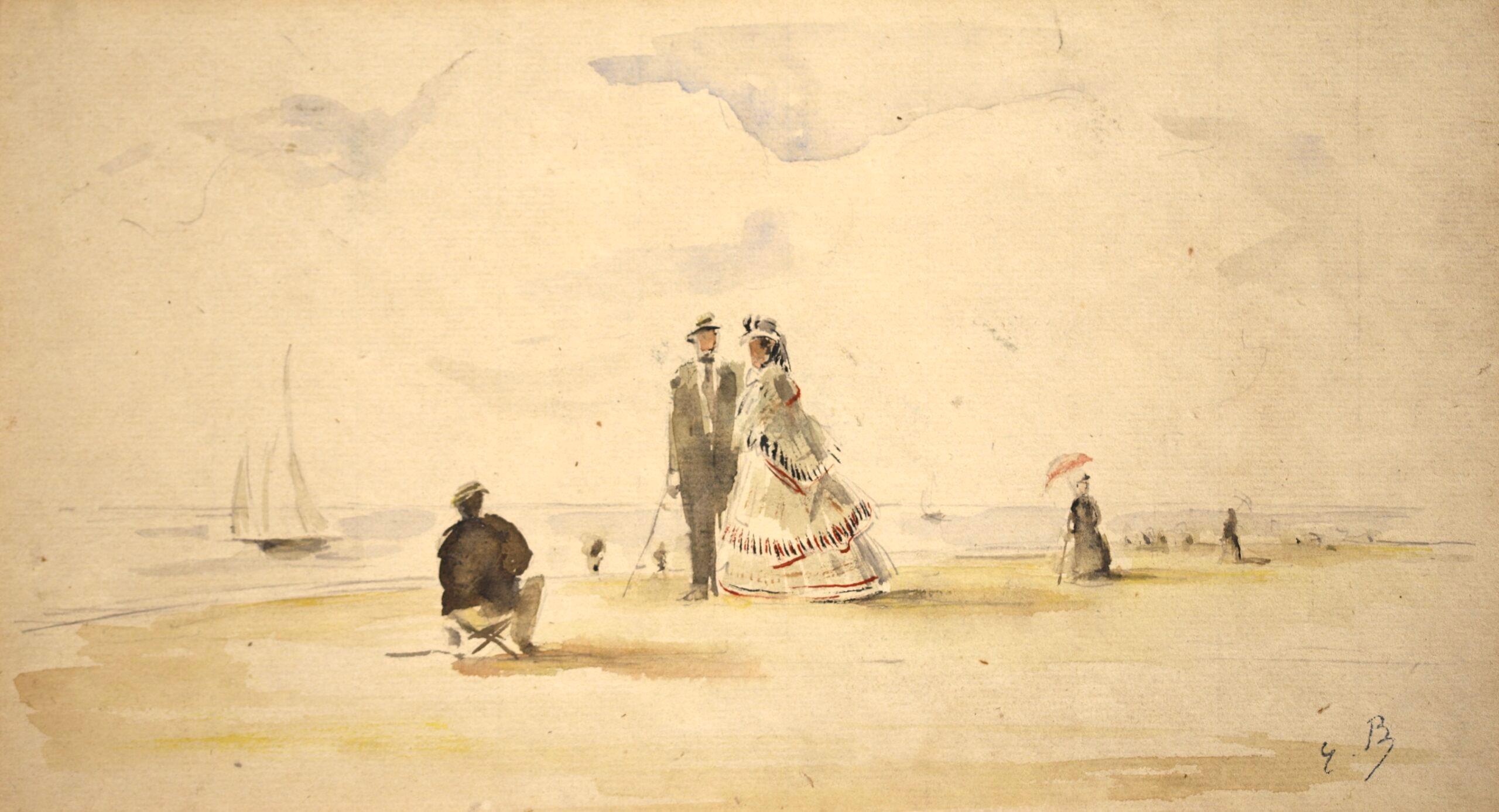 Sur la plage de Deauville - Aquarelle figurative impressionniste d'Eugène Boudin - Art de Eugène Louis Boudin