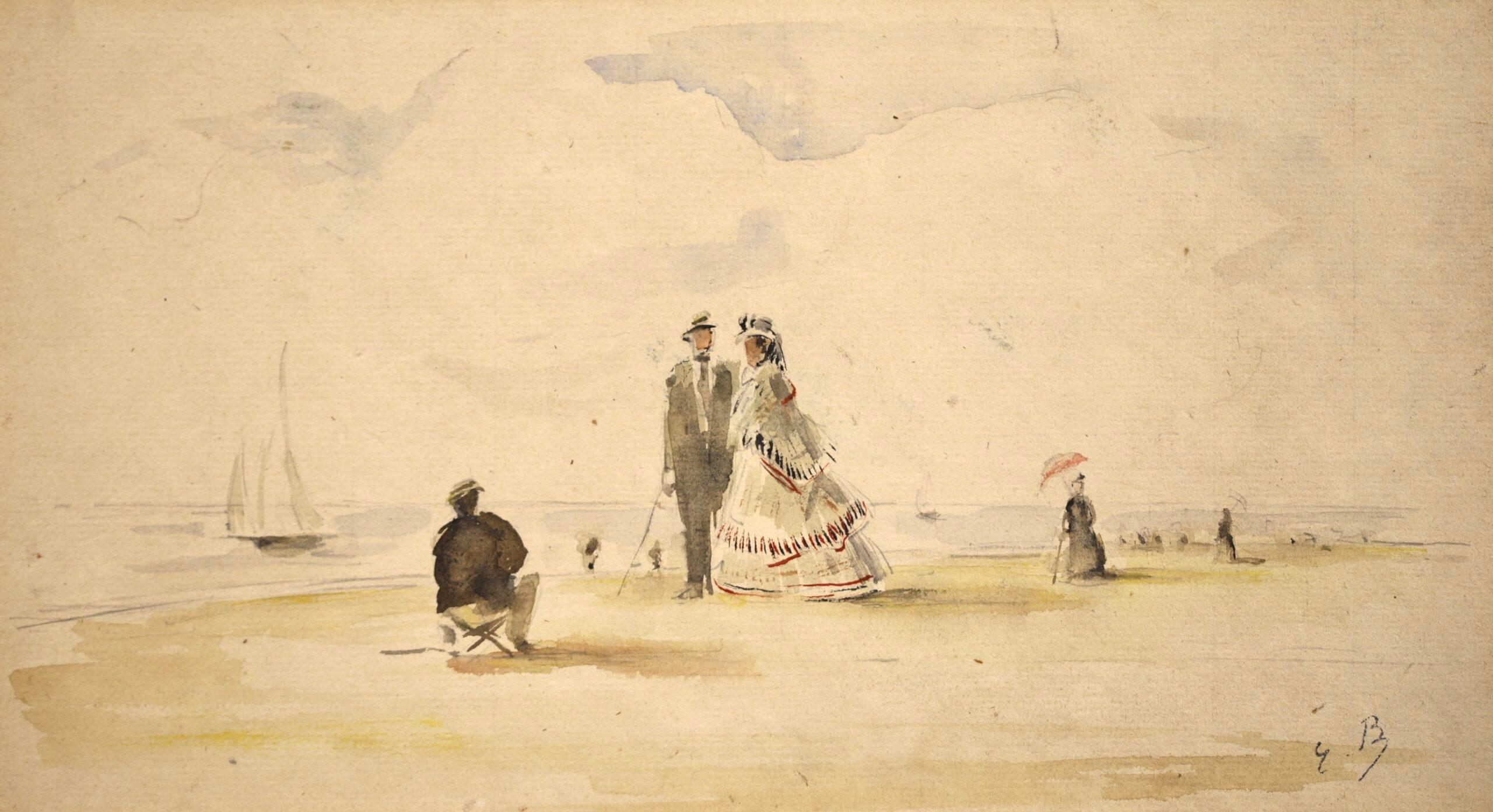 Signed watercolour on paper landscape circa 1865 by French impressionist painter Eugene Boudin. This work depicts an artist painting a portrait of an elegant couple on the beach at Deauville. The couple pose on the beach as they are being painted by