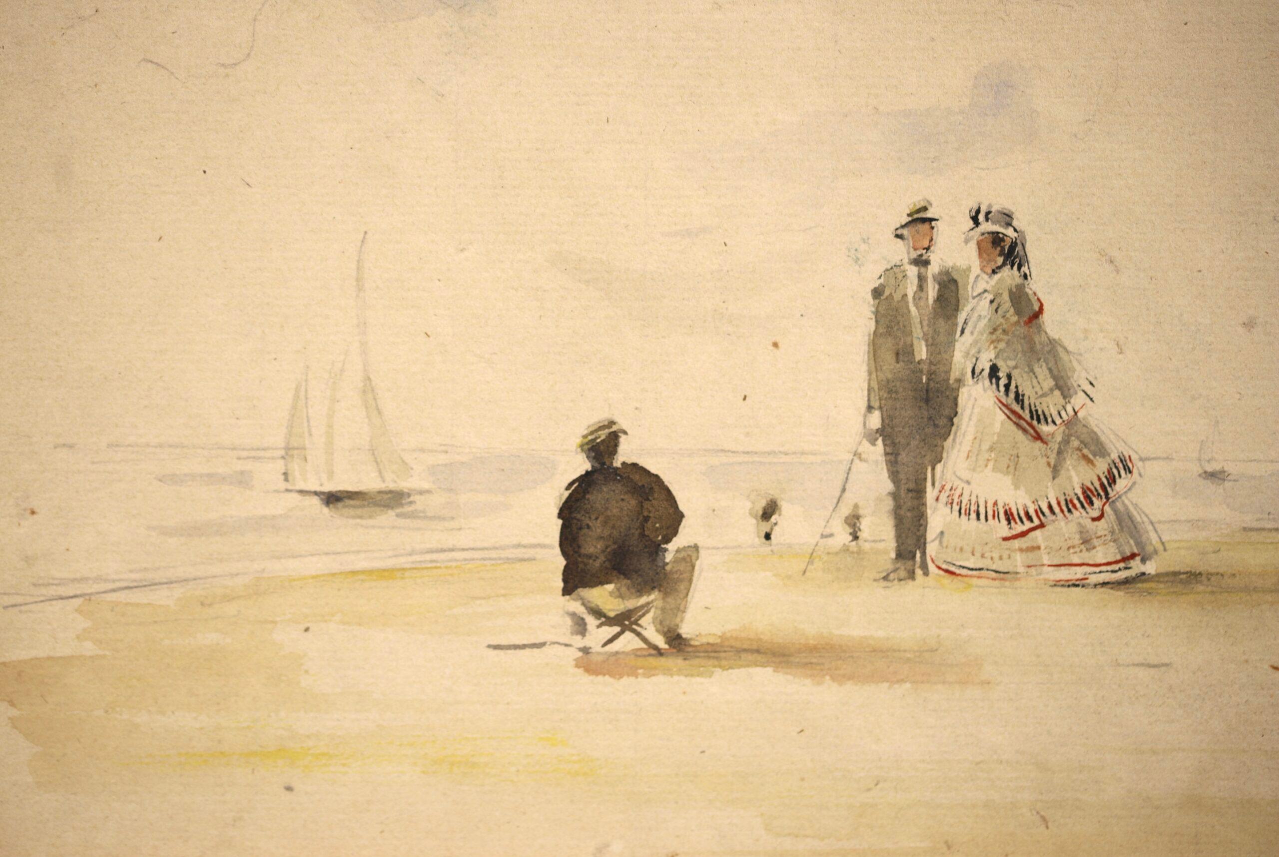 Signiertes Aquarell auf Papier Landschaft um 1865 von Französisch impressionistischen Maler Eugene Boudin. Dieses Werk zeigt einen Künstler, der ein Porträt eines eleganten Paares am Strand von Deauville malt. Das Paar posiert am Strand, während es