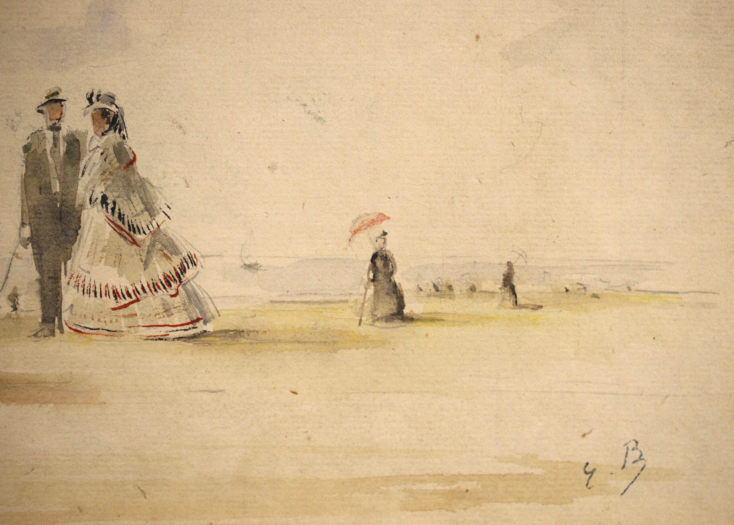 Sur la plage de Deauville - Acquerello figurativo impressionista di Eugene Boudin in vendita 1