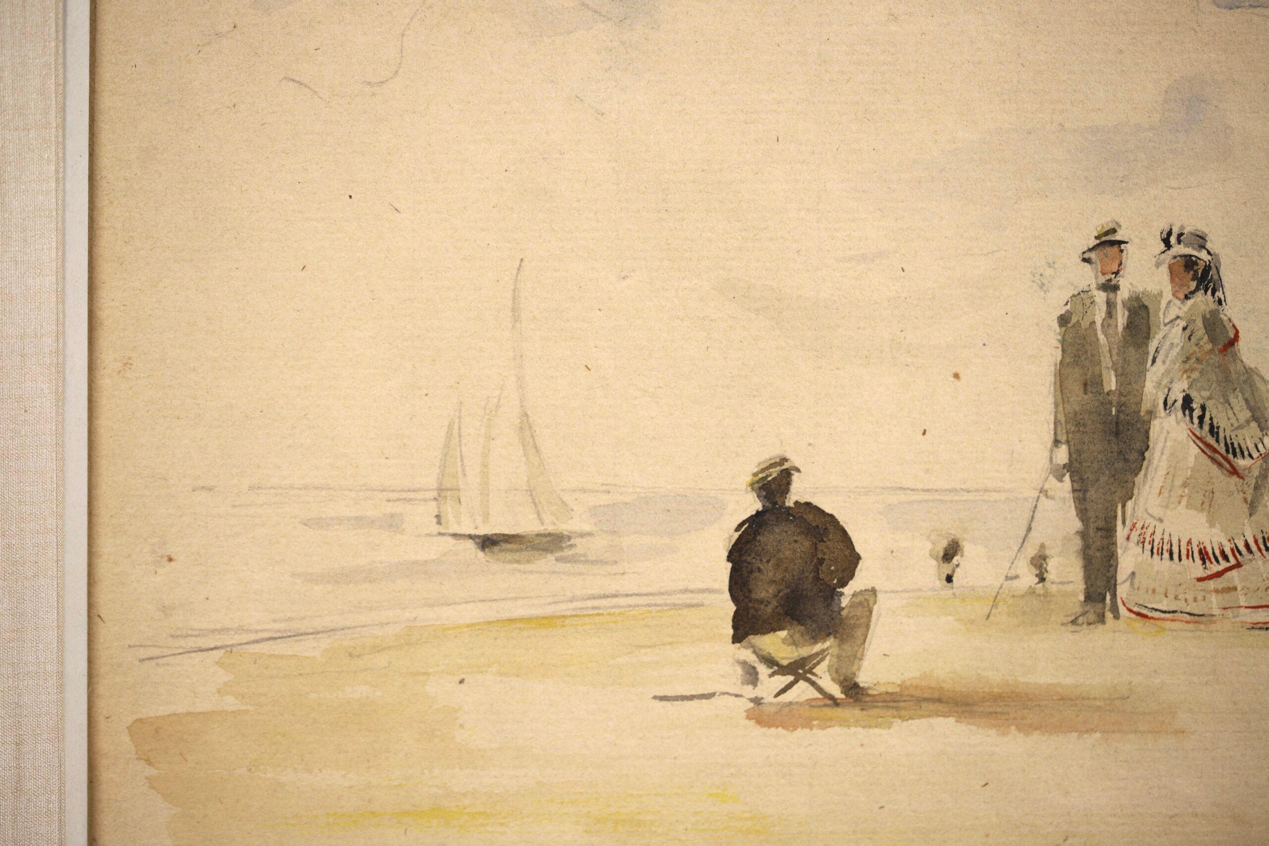 Sur la plage de Deauville - Impressionist Figurative Watercolor by Eugene Boudin For Sale 6