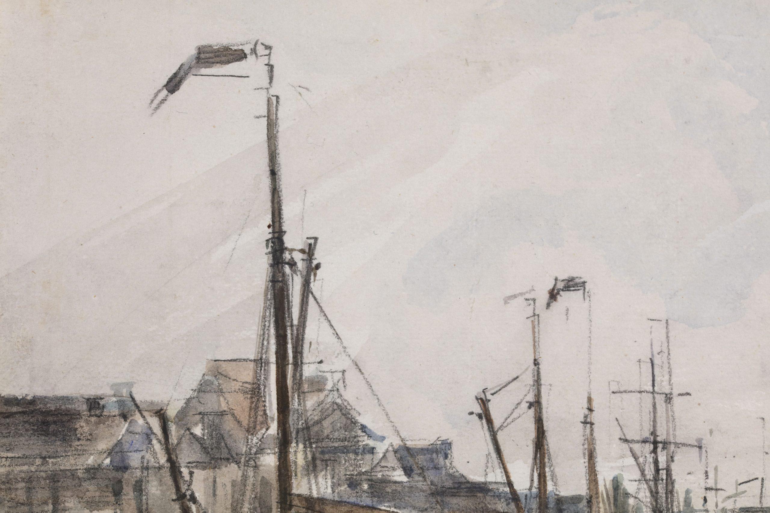 Aquarelle sur papier signée du peintre impressionniste français Eugène Boudin. Cette œuvre représente une vue de bateaux amarrés à un quai de commerce dans la ville de Bruxelles en Belgique.

Signature :
Estampillé en bas à droite et