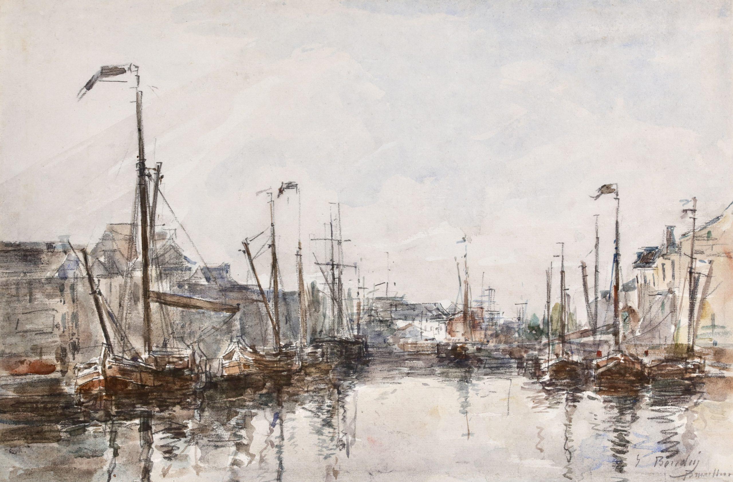 Les bassins de Bruxelles - Aquarelle de paysage impressionniste d'Eugène Boudin - Art de Eugène Louis Boudin