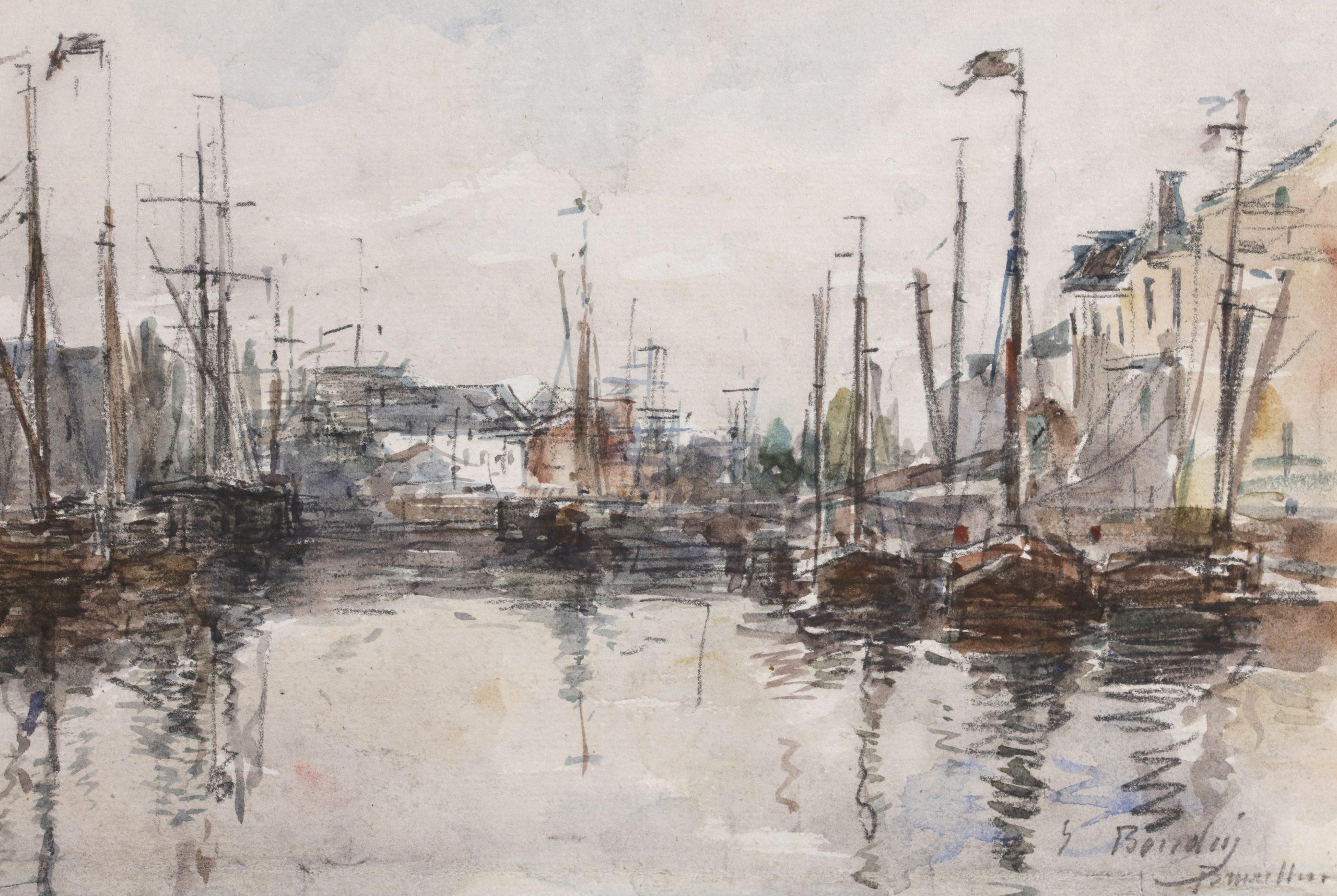 Les bassins de Bruxelles - Aquarelle de paysage impressionniste d'Eugène Boudin 1