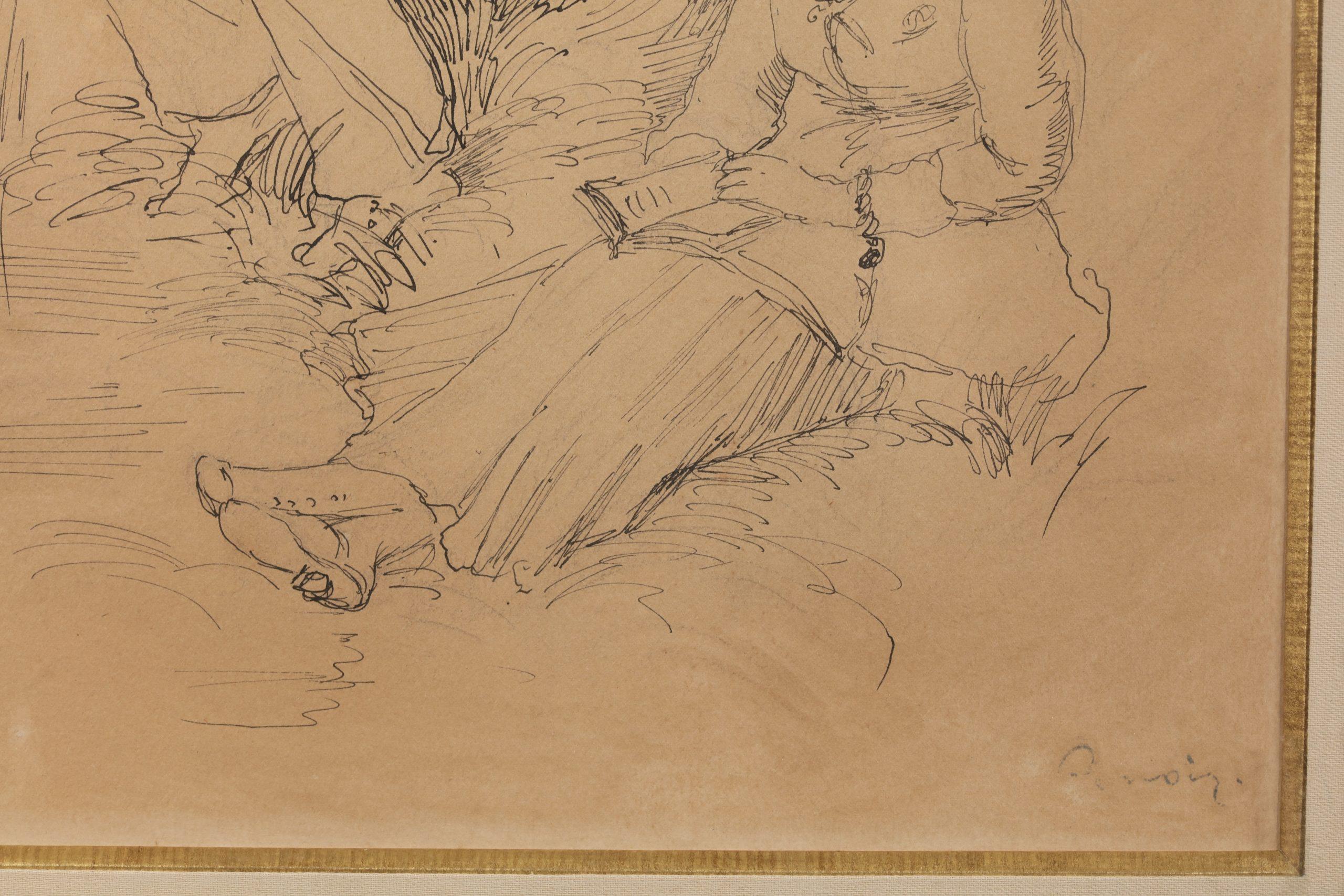 Pecheur a la ligne er femme lisant - Impressionist Ink & Crayon - Auguste Renoir - Beige Portrait by Pierre-Auguste Renoir