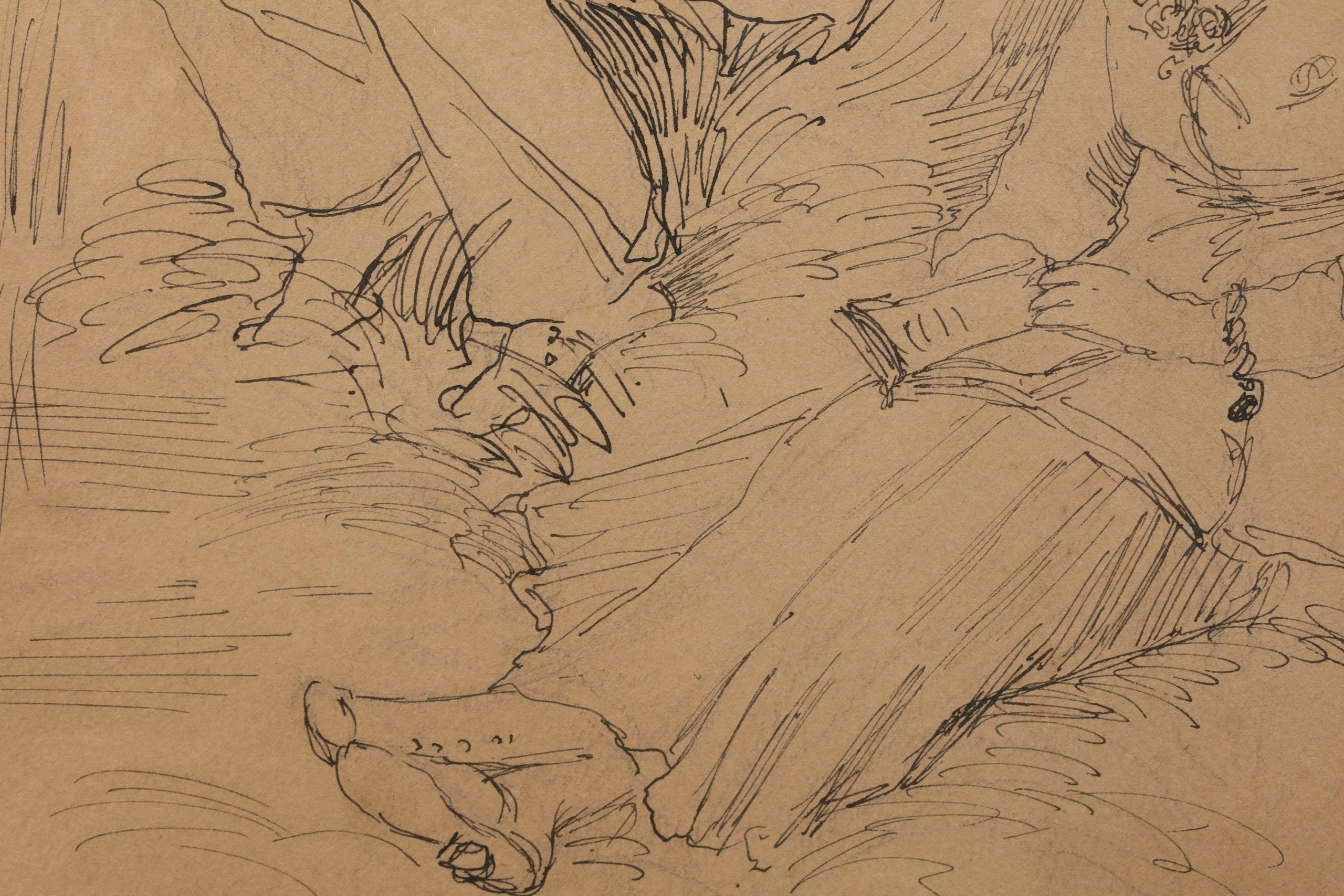 Signed ink and crayon on paper sketch circa 1877 by sought after impressionist painter Pierre Auguste Renoir. The drawing is a study of an angler seated against of the trunk of a tree while a woman reads beside him.

Signature:
Signed lower
