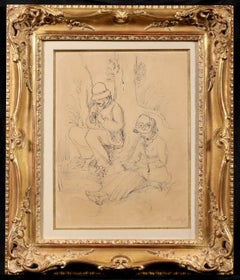 Pecheur à la ligne er femme lisant - Encre et crayon impressionniste Auguste Renoir