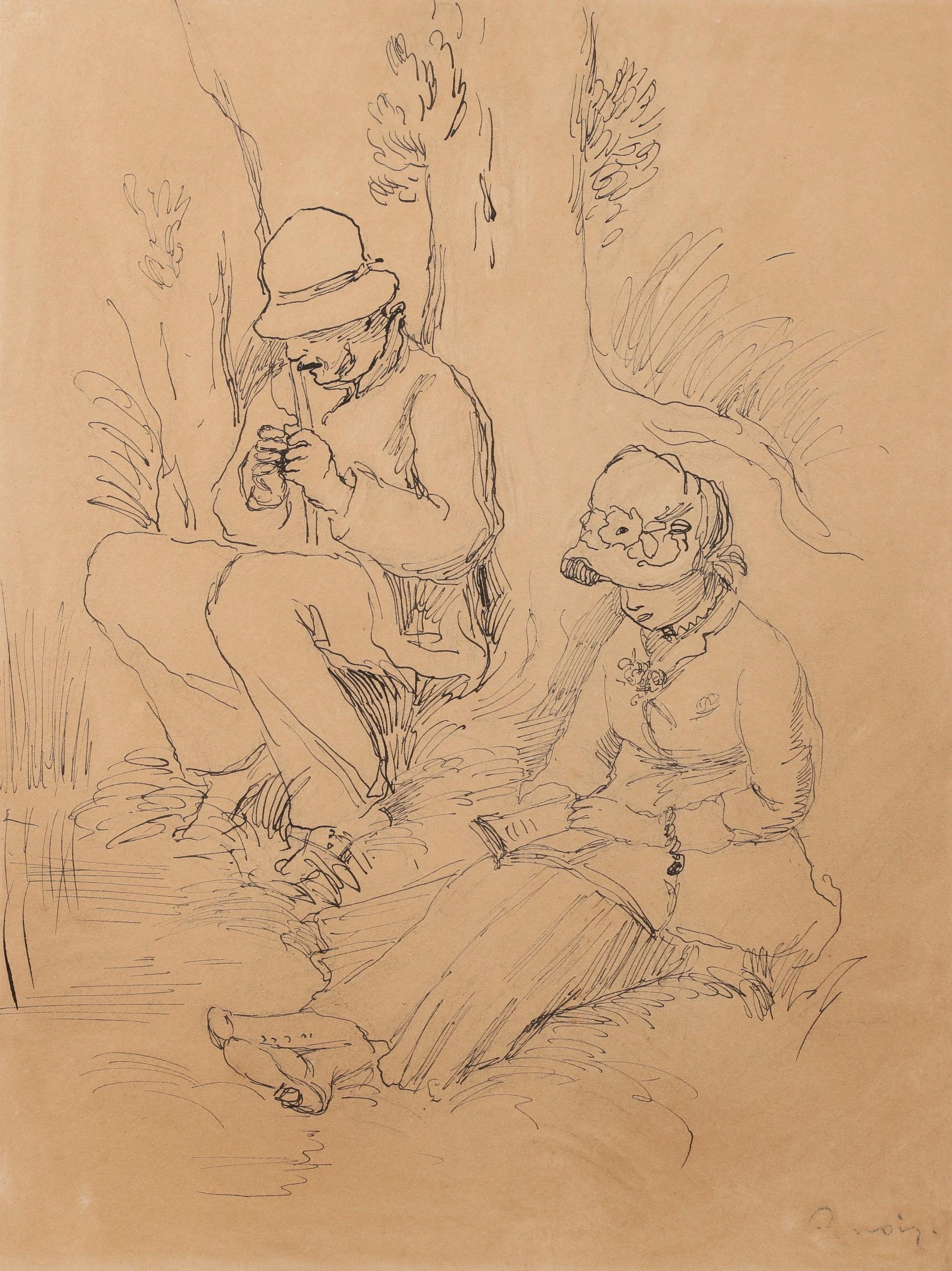 Pecheur a la ligne er femme lisant - Impressionist Ink & Crayon - Auguste Renoir 2