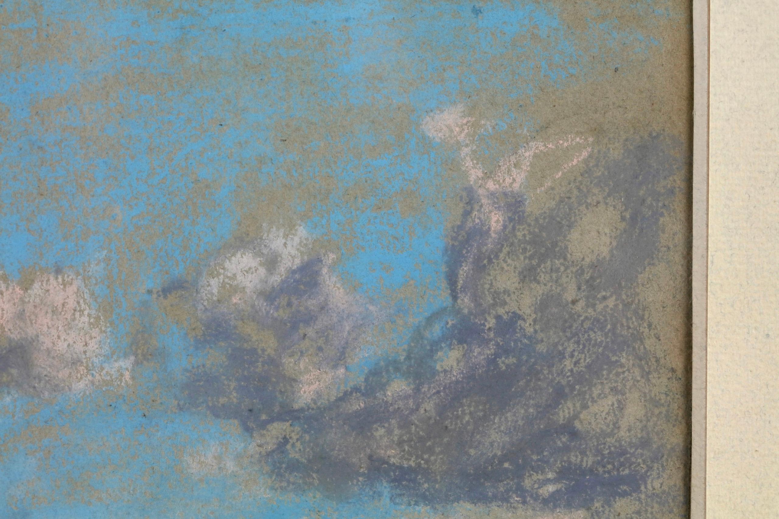 Signed pastel on grey paper circa 1860 by Eugene Boudin. The piece is a study of clouds in a blue sky.

Signature:
Signed with the cachet of the artist's estate lower right

Dimensions:
Framed: 13
