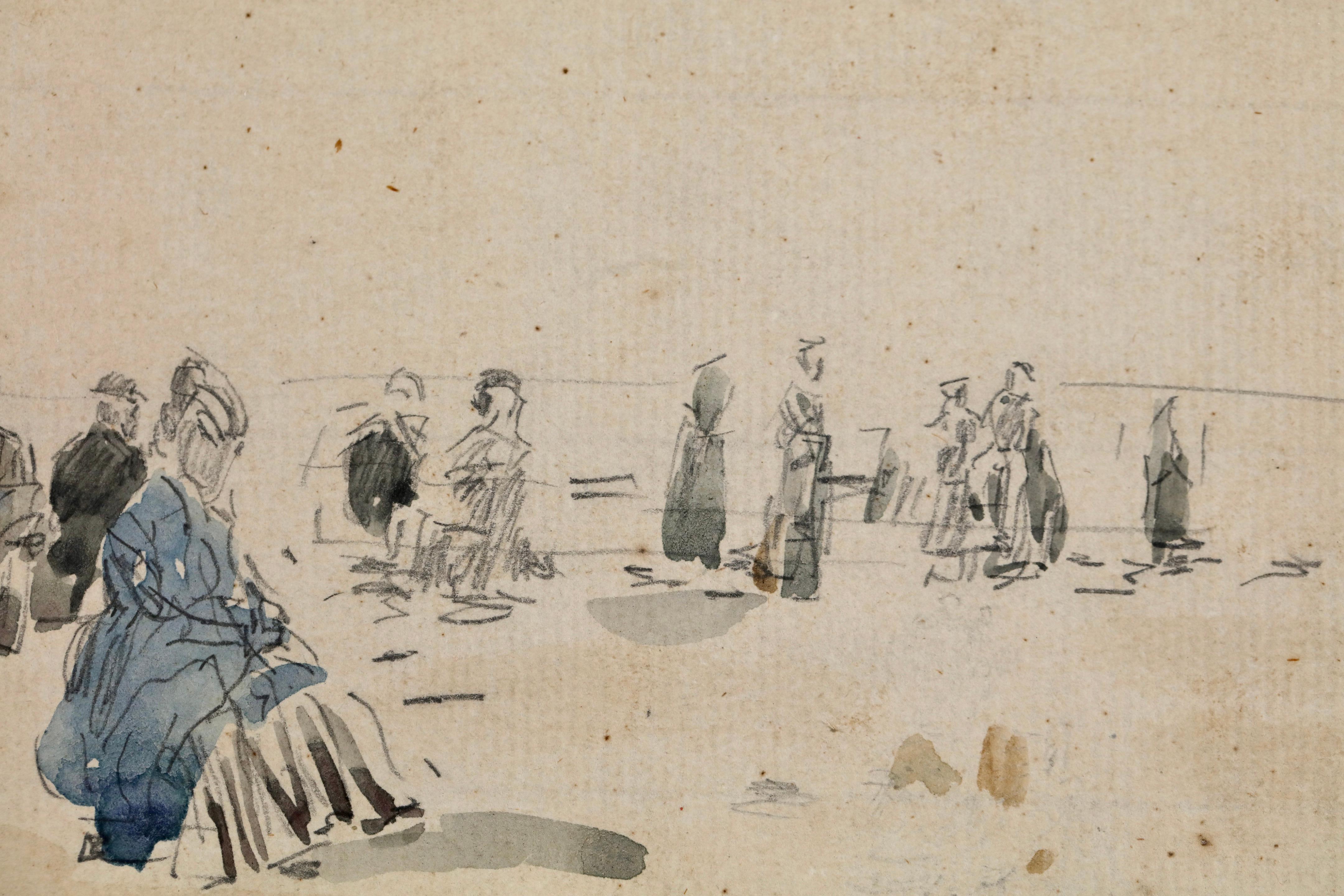 Signiertes und datiertes Aquarell und Bleistift auf Papier des impressionistischen Malers Eugene Boudin. Das Werk zeigt elegant gekleidete Menschen, die einen Tag am Strand genießen. Einige Frauen ruhen sich unter Sonnenschirmen aus. 