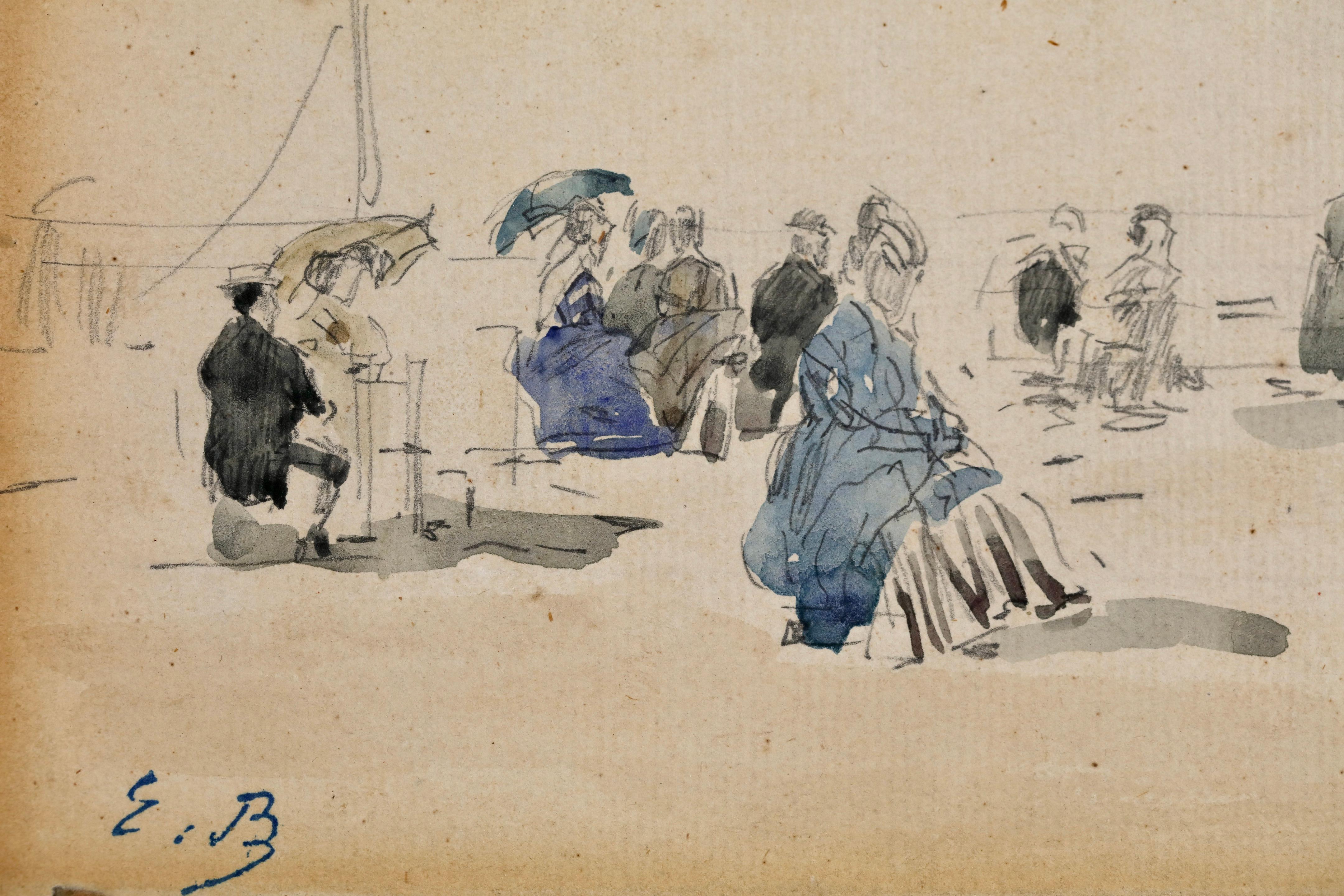 Crinolones sur la Plage - Impressionistisches figuratives Aquarell von Eugene Boudin im Angebot 2