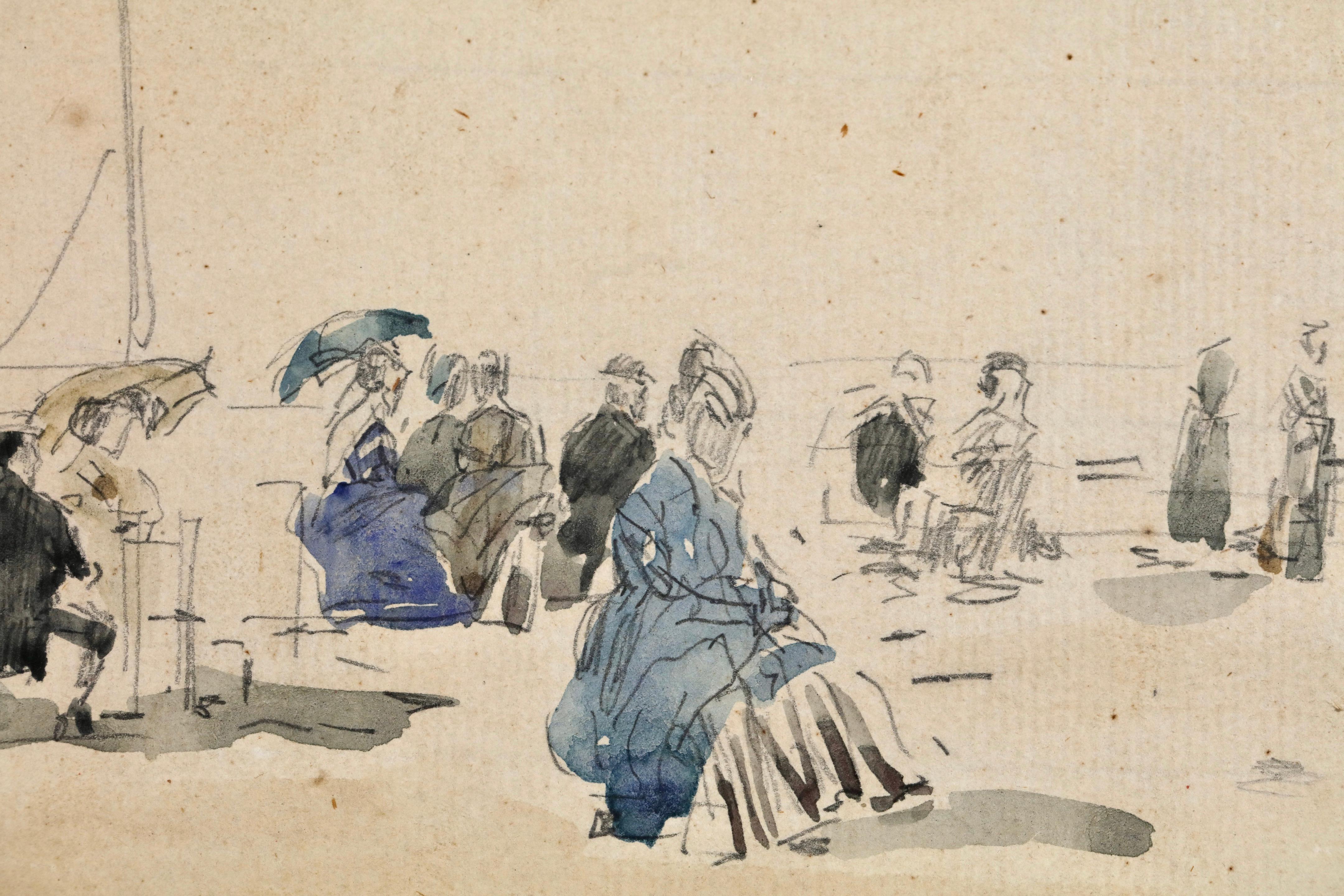 Crinolones sur la Plage - Impressionistisches figuratives Aquarell von Eugene Boudin (Beige), Landscape Art, von Eugène Louis Boudin