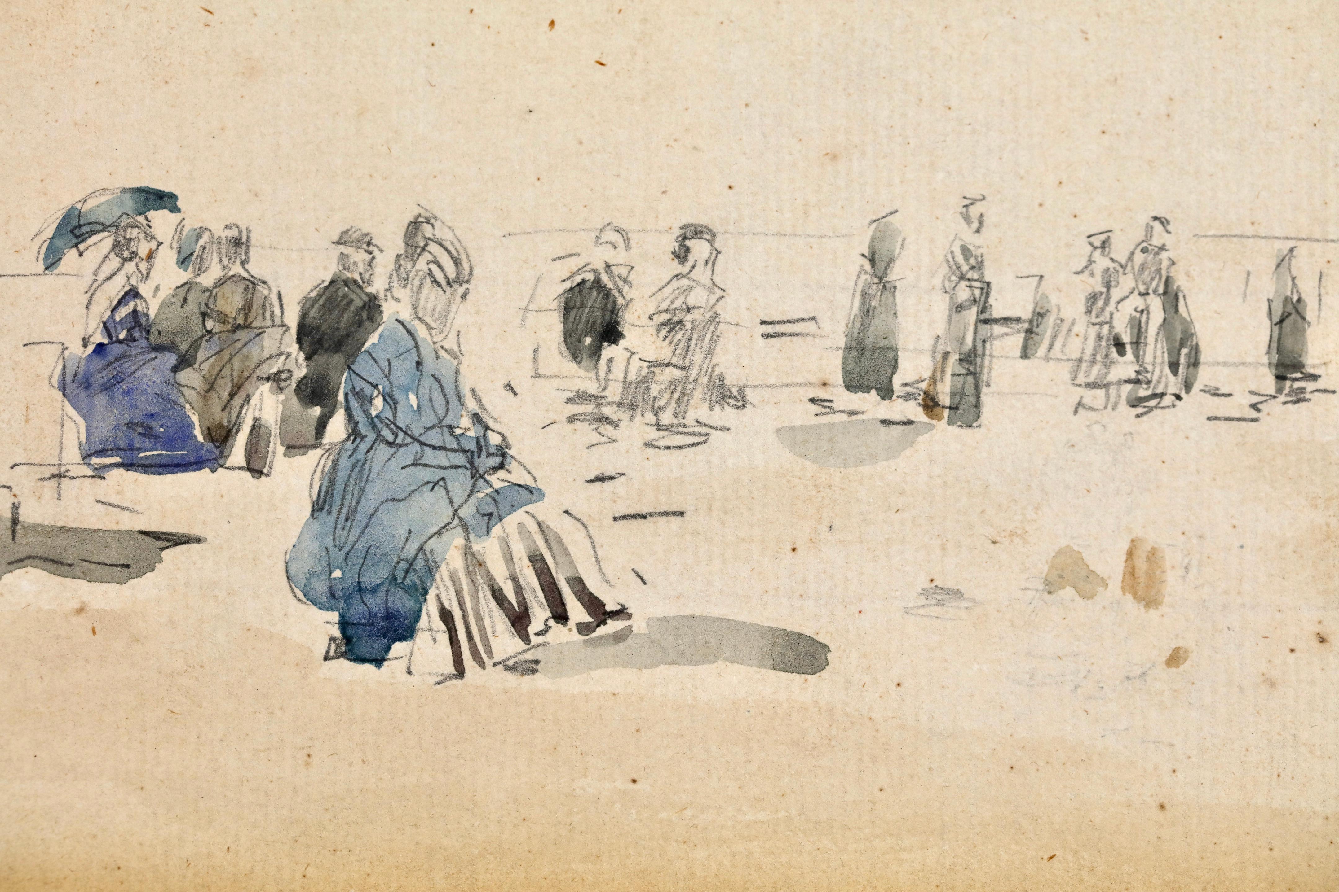 Crinolones sur la Plage - Impressionistisches figuratives Aquarell von Eugene Boudin im Angebot 1