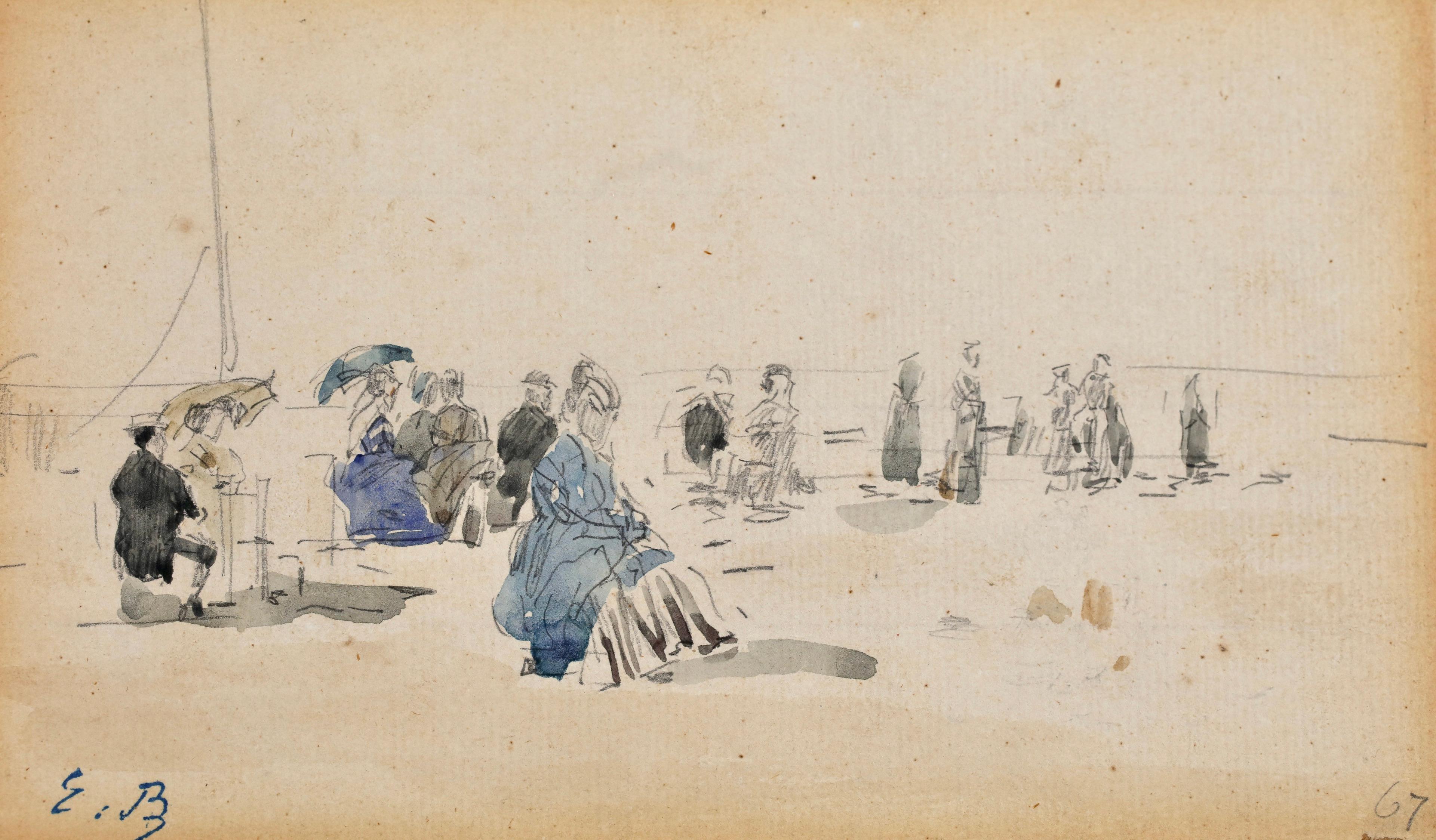 Eugène Louis Boudin Landscape Art – Crinolones sur la Plage - Impressionistisches figuratives Aquarell von Eugene Boudin
