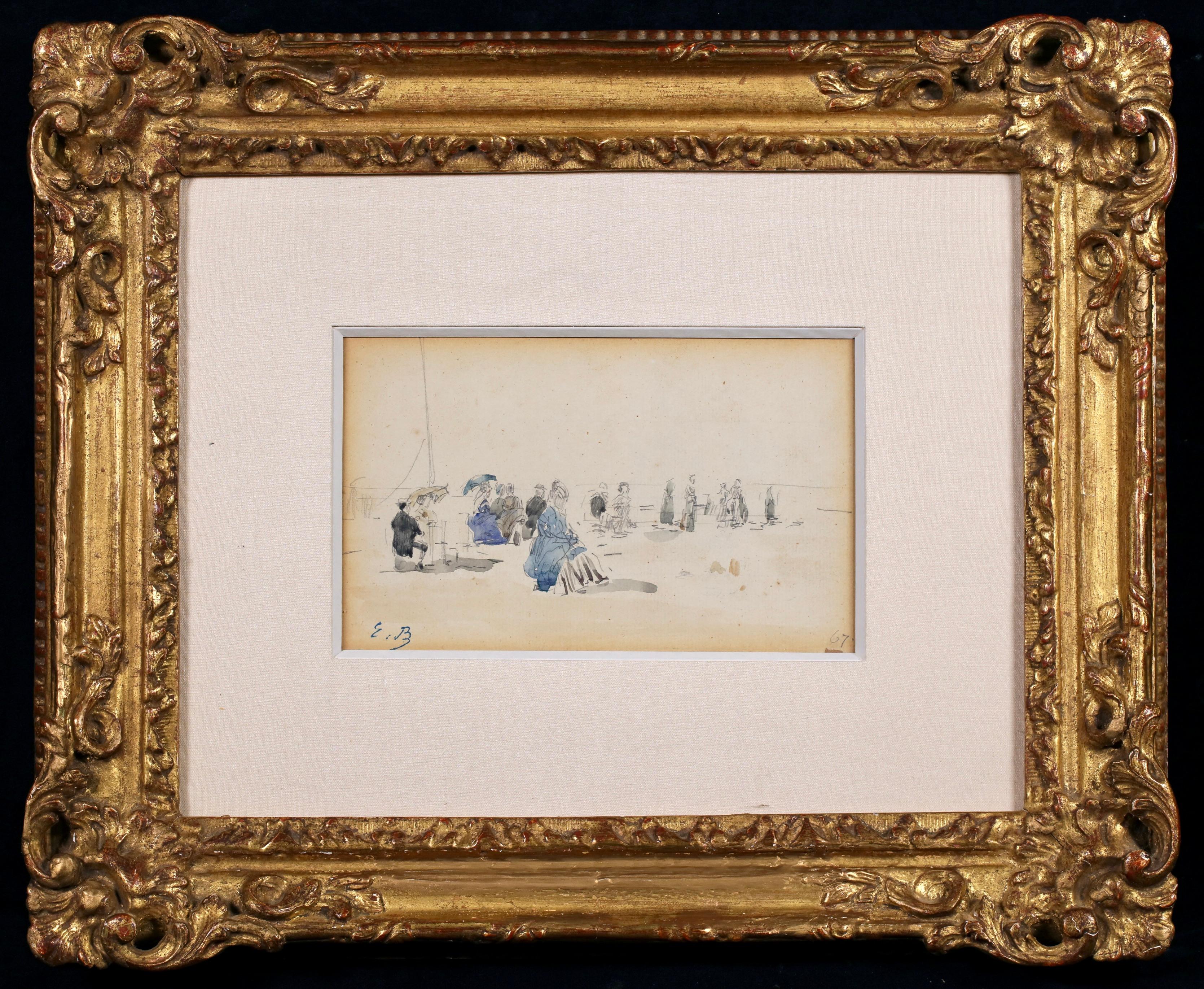 Crinolones sur la Plage - Impressionistisches figuratives Aquarell von Eugene Boudin – Art von Eugène Louis Boudin