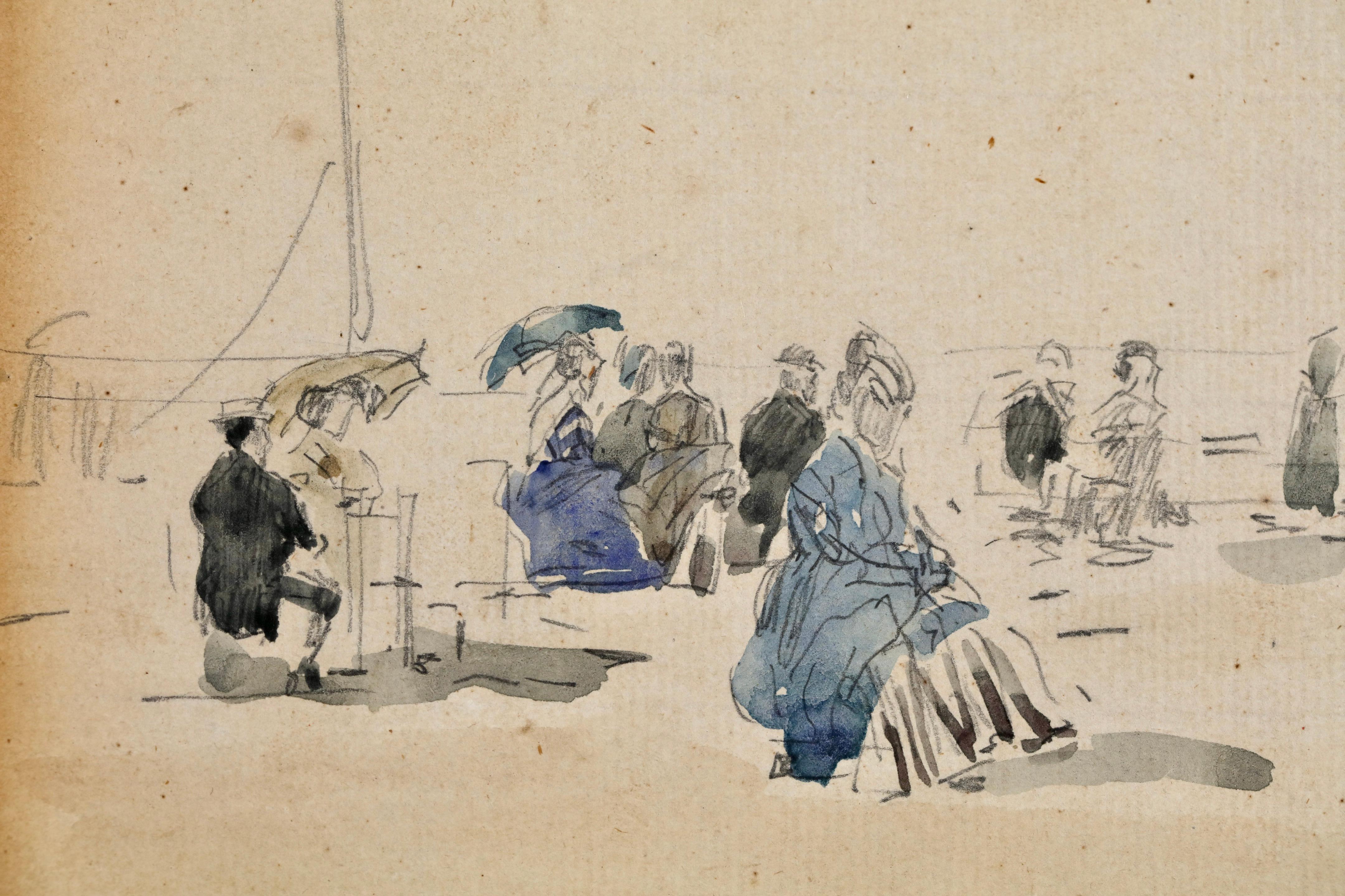 Crinolones sur la Plage - Impressionistisches figuratives Aquarell von Eugene Boudin im Angebot 3
