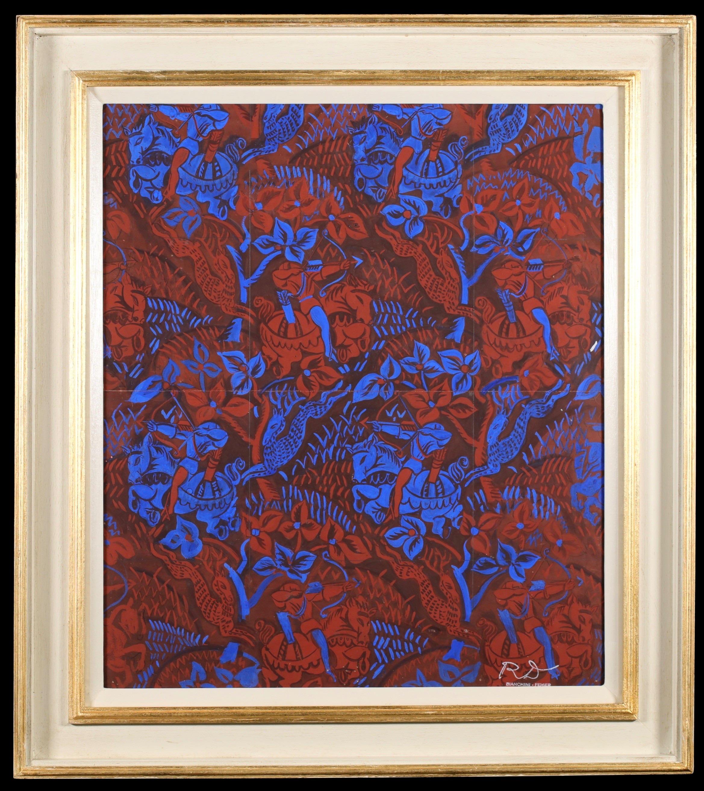 Signed and titled gouache on paper figures in landscape circa 1920 by French fauvist painter Raoul Dufy. The piece is executed in red and blue and the design depicts a hunter on horseback riding through a forest hunting deer with a bow and